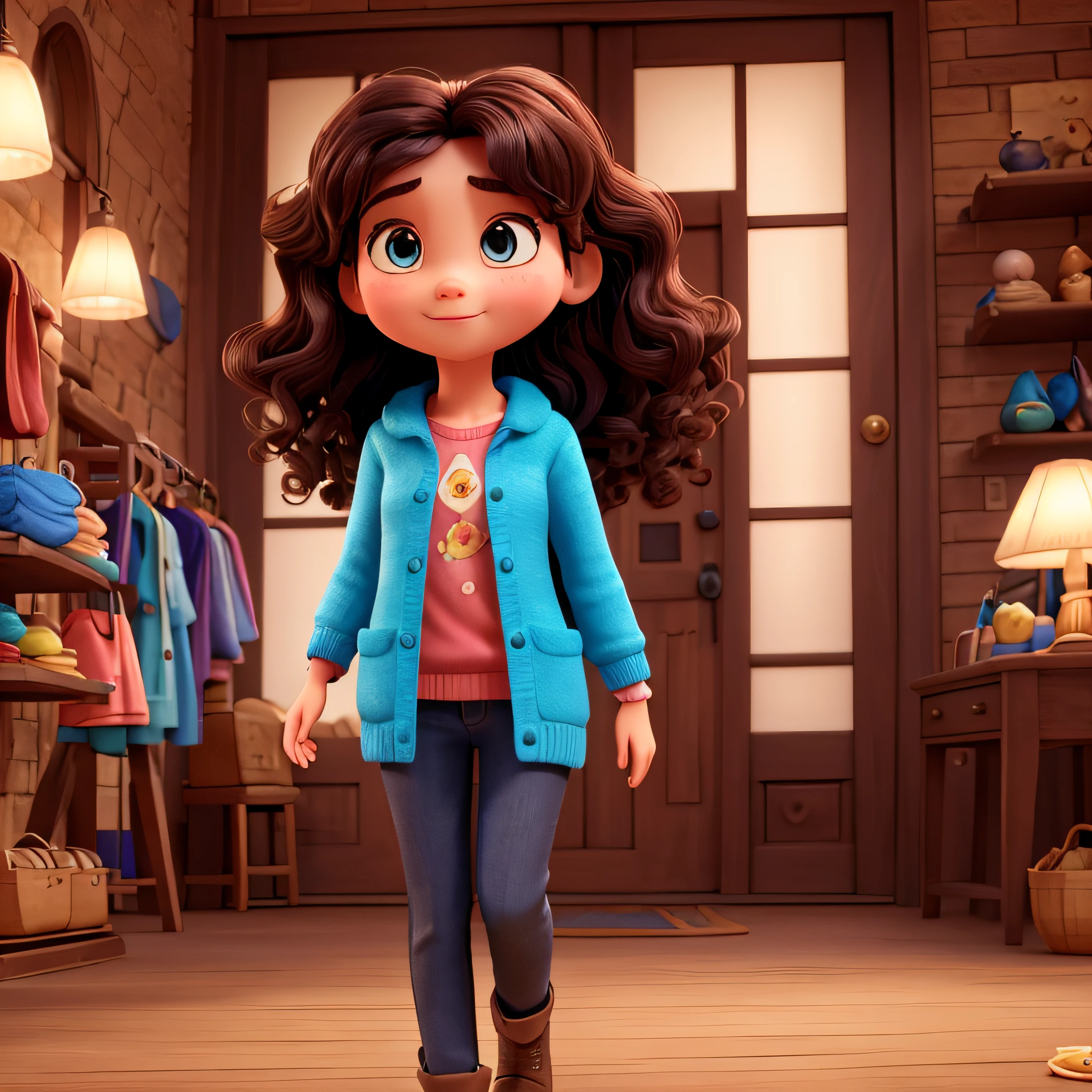 a pixar movie post in 3d A beautiful clothing store in vibrant tones and lots of charming details, similar to a Pixar movie set. Main Character: A charming woman of approximately 30 years old. She has long, dark, soft hair that falls in soft curls. Its eyes are large and dark in color, which shine with joy and curiosity. He has wide and expressive eyebrows.