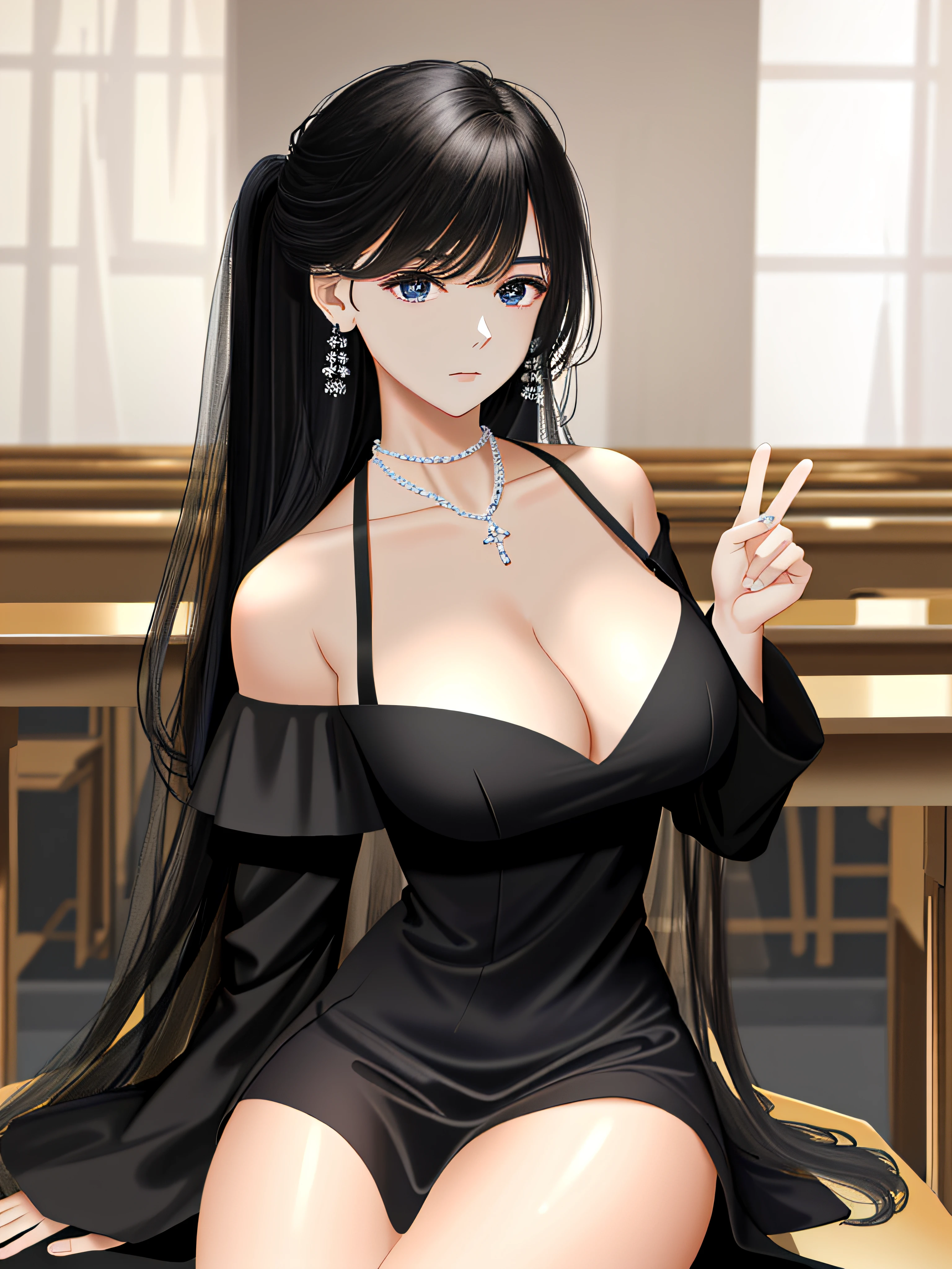 ((Beautiful face)), extremely delicate facial,the creamy smooth skin,Masterpiece, 1girll, Best quality, 超高分辨率, (Photorealistic:1.4),full_Body,,tender shining,amazing scene lighting,(be in class), ((black off the shoulder dress)),Look at the audience,necklace，huge tit，The upper part of the body