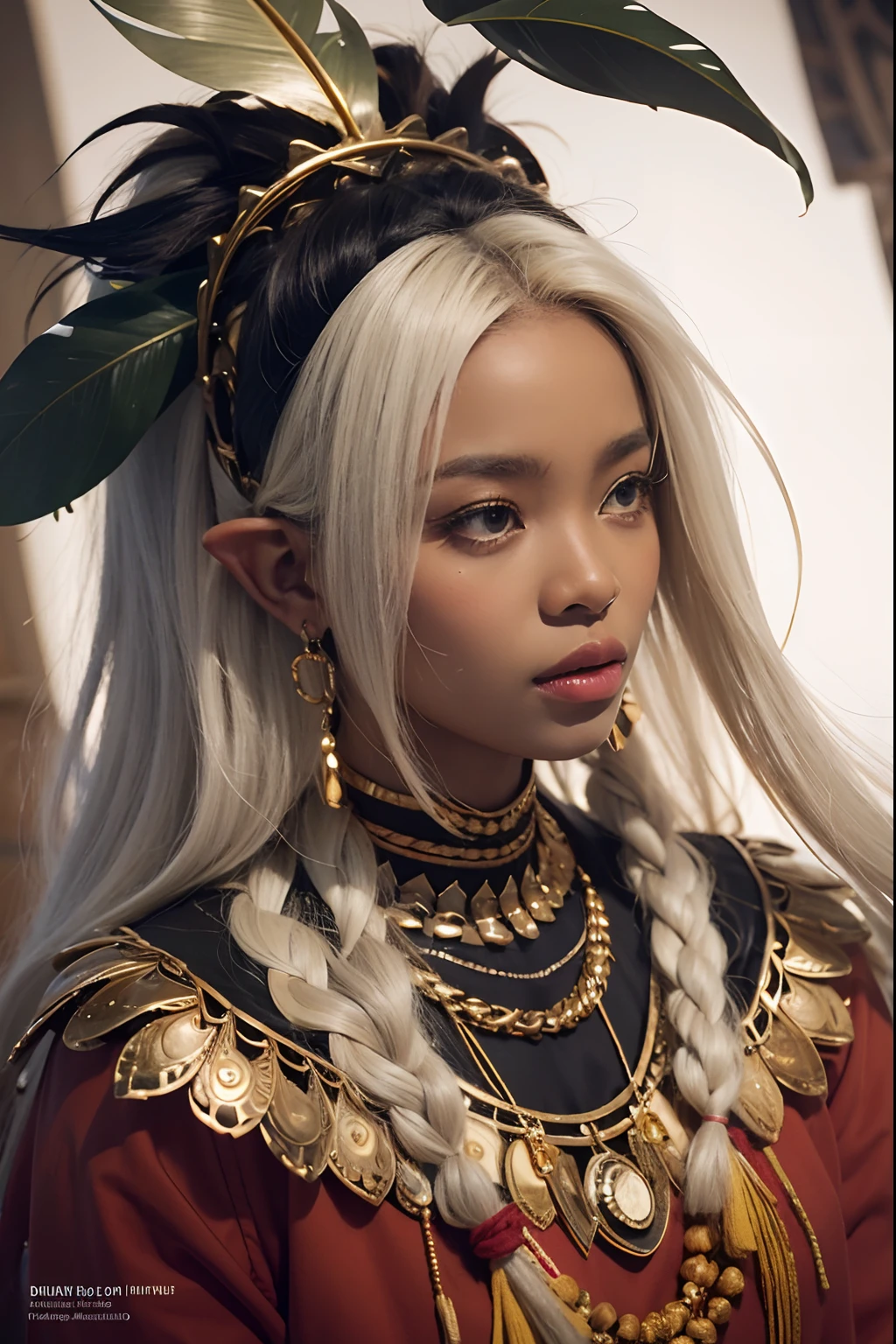 Ultra Detailed, ((1girl)), Official Art, Unity 8k ((masterpiece)), Wallpaper, fanart, commissioned art, professional artist, digital art, alluring, face, ((flat color)), ((celshade)), african ((tribal girl,)) tribal people, (dark skin), african race, (african tribe, african culture,) african skin, ((tribe warrior, fit body, buff girl)), silver hairs, (heroine), wavy hairs, long hair, elf ears, long ears