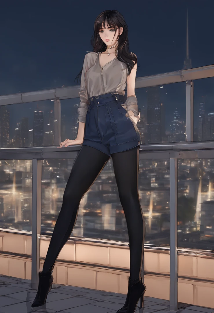 ((Midnight, Best Quality, 8K, masutepiece :1.3)), Whole body, Long legs, Sharp Focus :1.2, A pretty woman with perfect figure :1.4, Slender Abs, slender thigh :1.1, ((Black hair, Bangs, Layered Haircut, Big breasts :1.2)), (Sleeveless shirt, jean shorts, Standing:1.2), ((Night City View, On the rooftop:1.3)), Highly detailed face and skin texture, Detailed eyes, 二重まぶた, Sexy Pose, close up