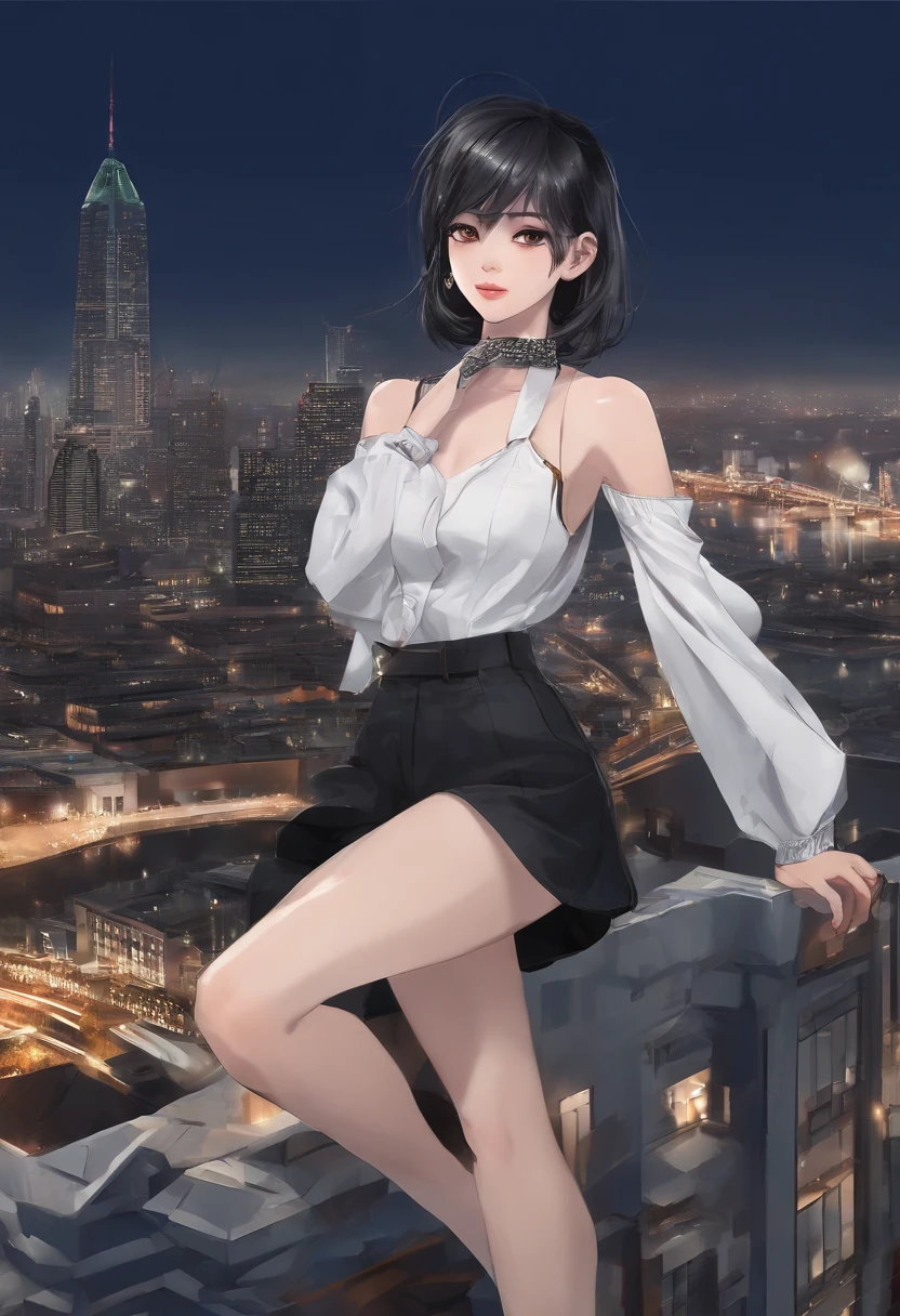 ((Midnight, Best Quality, 8K, masutepiece :1.3)), Whole body, Long legs, Sharp Focus :1.2, A pretty woman with perfect figure :1.4, Slender Abs, slender thigh :1.1, ((Black hair, Bangs, Layered Haircut, Big breasts :1.2)), (Sleeveless shirt, jean shorts, Standing:1.2), ((Night City View, On the rooftop:1.3)), Highly detailed face and skin texture, Detailed eyes, 二重まぶた, Sexy Pose, close up