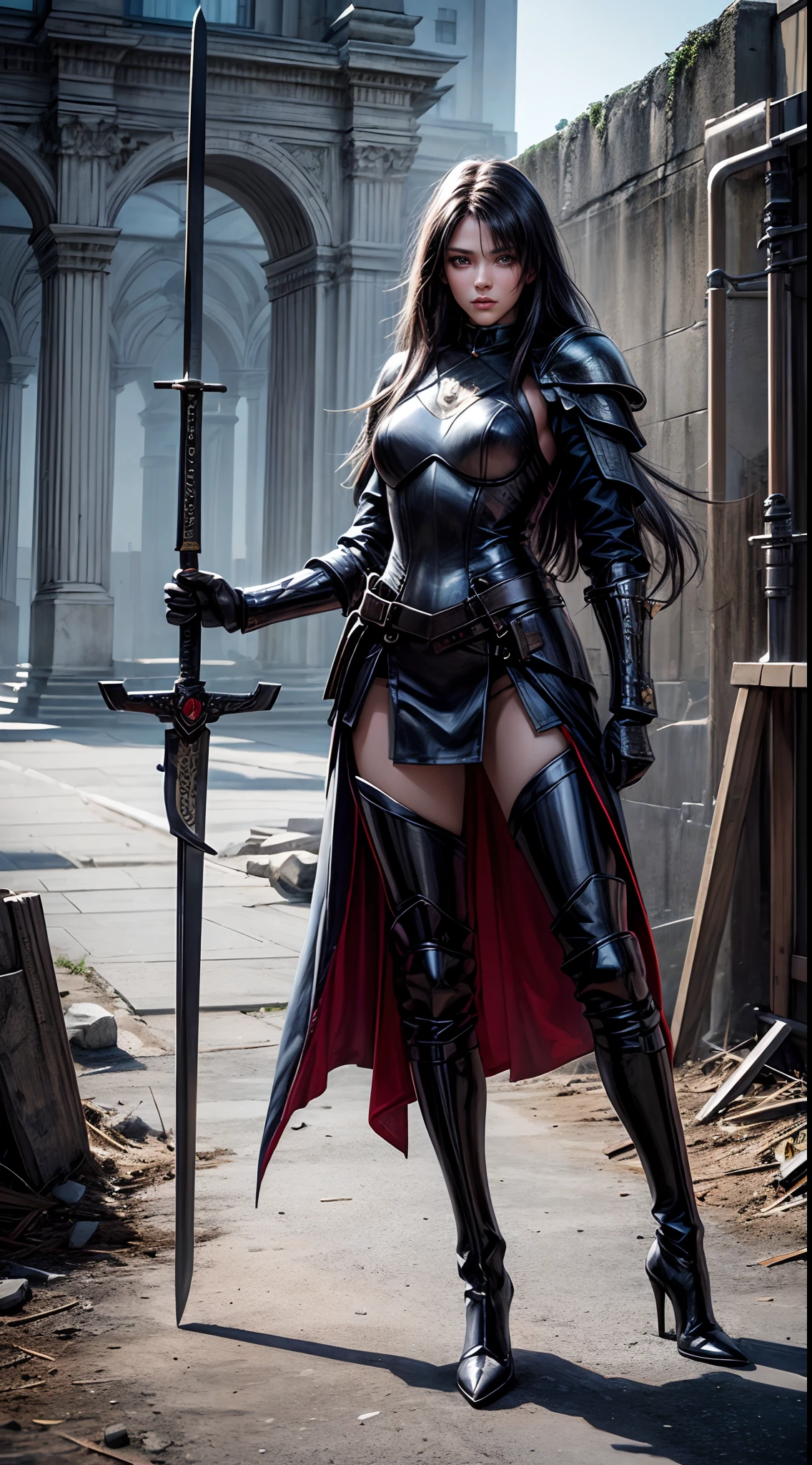 Pretty women, 20yr old,Solo,Russian,Black Armor,high heels boots,Full body portrait,Female Warrior,Slender body,holding swords,Manteau,Perfect face and nice perfect face, Surreal concept, 8K resolution, photographic quality, Walk through the ruins, Photorealistic,A detailed eye,Diagonal angle,