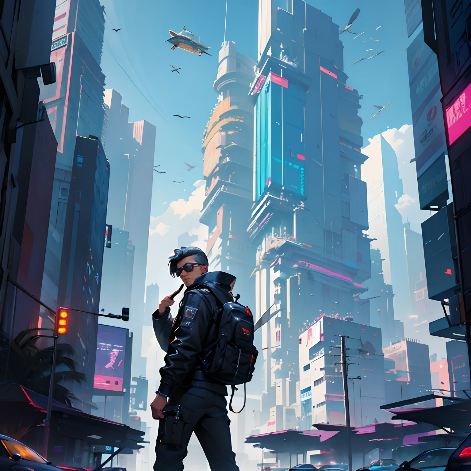 Arte digital de um homem com oculos e jaqueta de couro e cabelos roxos, ele esta em um helicoptero sobrevoando uma cidade com predios, Skycrappers, Estilo Syntwave, Cyberpunk, Escuro, Luzes