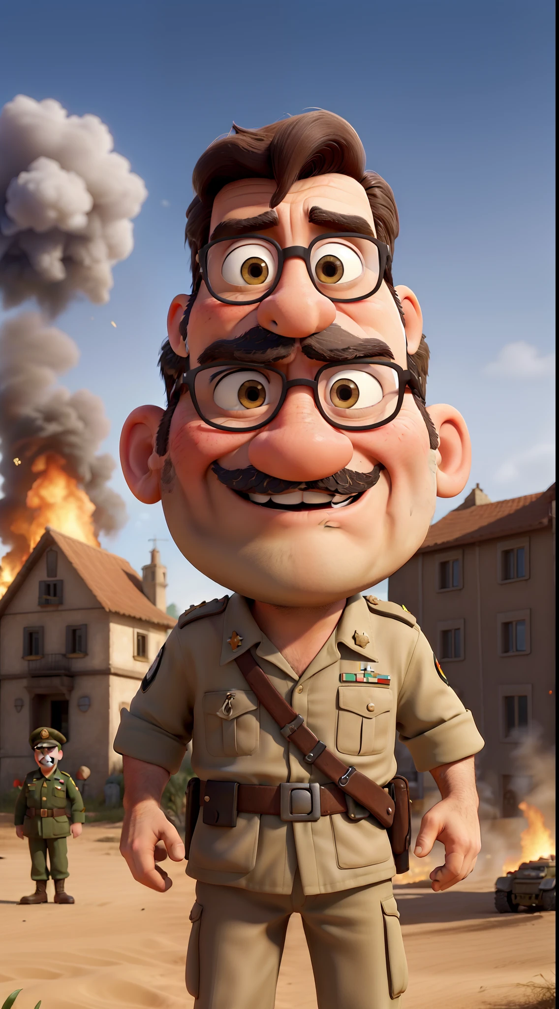 Obra-prima, de melhor qualidade com capa de filme da Disney e Pixar, um general da Alemanha aparentemente sorrindo, with Hitler's moustache with his left arm raised, Several Soldiers in line, com arma de fogo em punho, Attacking an Arab country with many elderly people and children injured