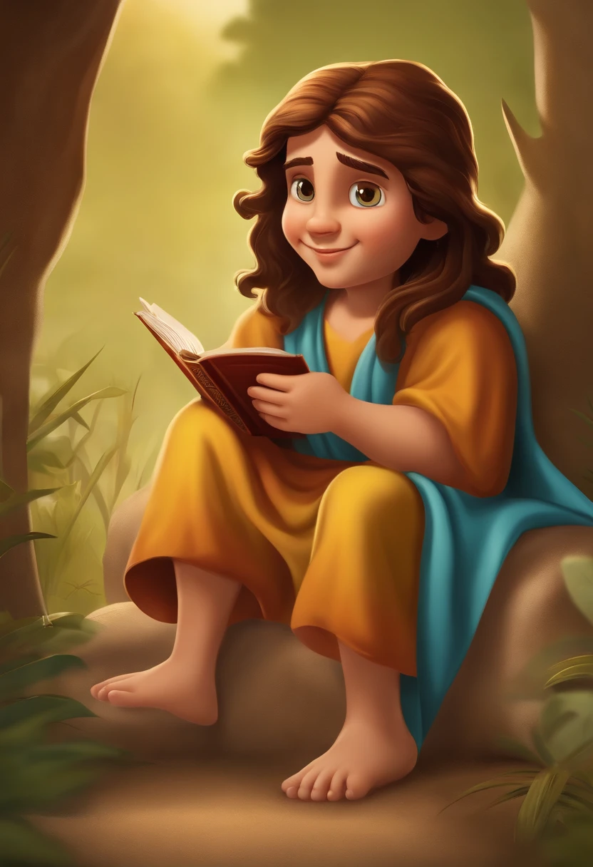 Create a cartoon image of Jesus Christ as a child, with a Mediterranean appearance of about 10 years old, Sitting in a relaxed manner in a simple setting of the biblical era, reading a scroll or a small book that represents the Bible. He must be dressed in colorful costumes typical of the time, com cabelos castanhos e grandes olhos expressivos, Typical cartoon characters. The surrounding environment can have comedic or cute elements to complement the fun atmosphere of the image. Utilize cores vibrantes e linhas marcantes para enfatizar o estilo cartoon.