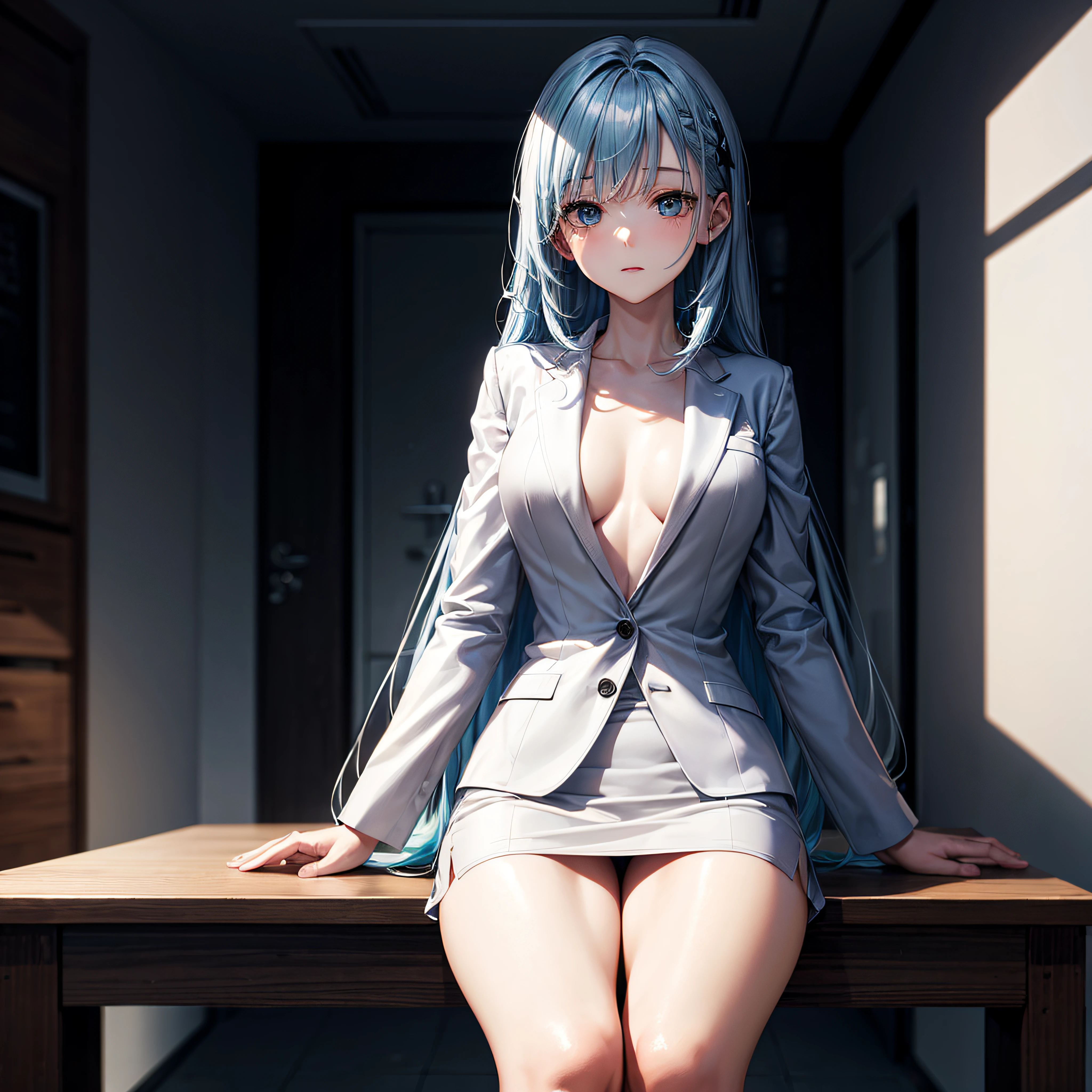 realisitic、top-quality、sit on the table、((One Woman:1.5))、Light blue hair、Very long hair、light bule eyes、meeting room、inside in room、Medium chest、black suits、White inner shirt、Black suit jacket