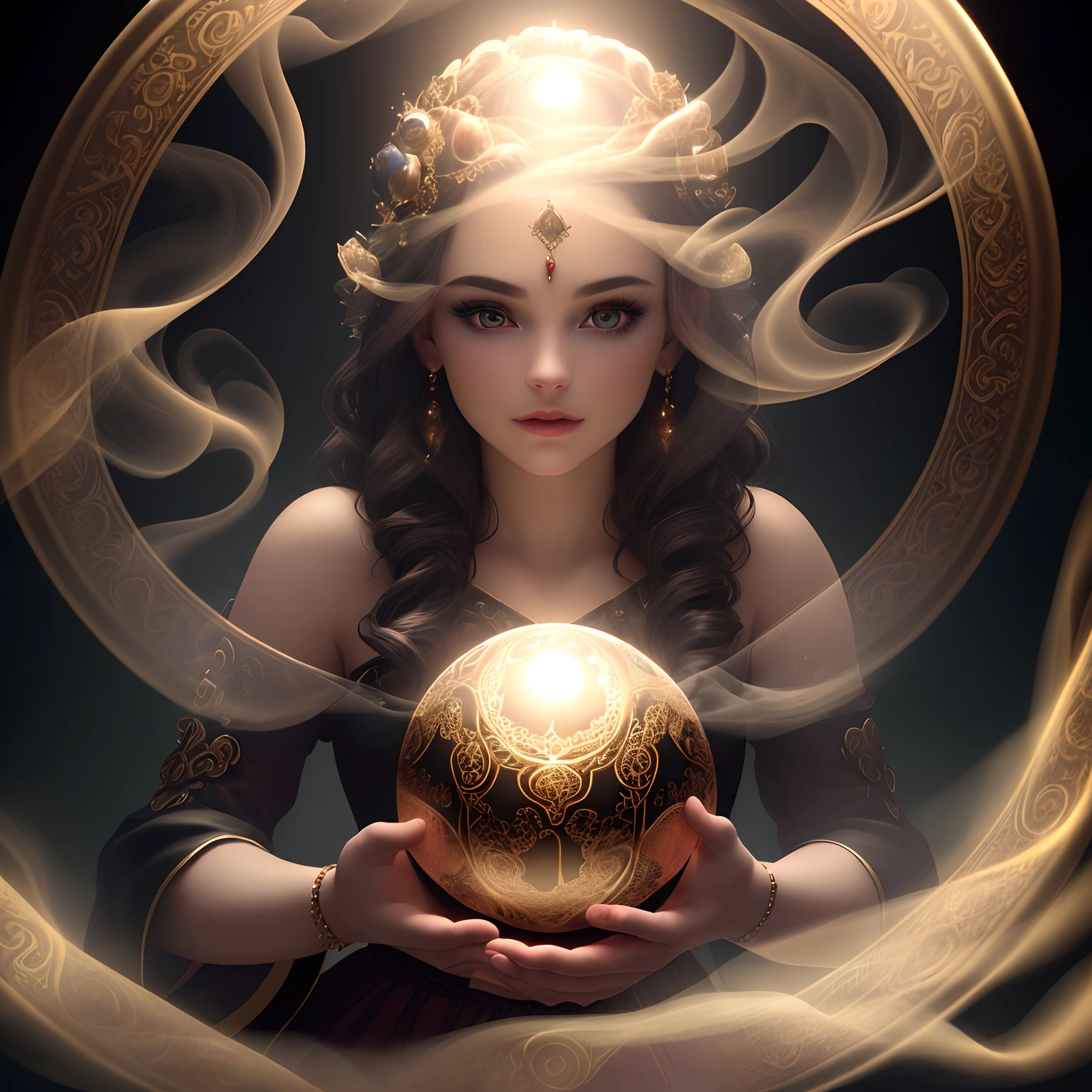 (best quality,4k,8k,highres,masterpiece:1.2),ultra-detailed,(realistic,photorealistic,photo-realistic:1.37),A crystal ball being watched by mysterious eyes,illustration,gorgeously decorated crystal ball,glimmering light,an enchanting fortune teller,deep and captivating gaze,vibrant colors,surrealistic style,evocative atmosphere,detailed facial features,golden ornate patterns,magical smoke rising from the ball,eerie shadows,dimly lit room