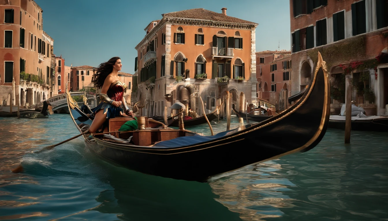 The Incredible Hulk-Hulk and Wonder Woman-Gal Gadot, both immensely powerful superheroes, are seen happily sailing in a traditional Venetian gondola along the enchanting Grand Canal. The majestic buildings, adorned with intricate details and vibrant colors, rise elegantly on both sides of the canal, creating a picturesque backdrop to this extraordinary setting. The gondola itself is expertly crafted, reflecting Venice's rich cultural heritage. Image quality is of the highest standard, with every detail captured impeccably in ultra-high resolution (4K or 8K). The colors are bright and vibrant, bringing the scene to life with a touch of HDR. The lighting is carefully orchestrated, with a soft glow that enhances the beauty of both the superheroes and the architectural wonders that surround them. The entire composition exudes an air of realism and photorealism, as if the viewer were transported to this magical world. The art style chosen for this scene is a perfect mix of comic book illustrations and realistic rendering. It captures the essence of both characters while embracing the grandeur of the Venetian setting. The color palette is rich and diverse, with the deep blues of the canal water contrasting with the warm tones of the buildings. This combination creates a visually striking and harmonious aesthetic. Overall, this suggestion paints a mesmerizing picture of the Incredible Hulk and Wonder Woman adventurously sailing in a gondola through the ethereal beauty of Venice's Grand Canal. It showcases its undeniable power and combines it with the city's architectural wonders, resulting in a magnificent masterpiece that captures the imagination and amazement of all who behold it.