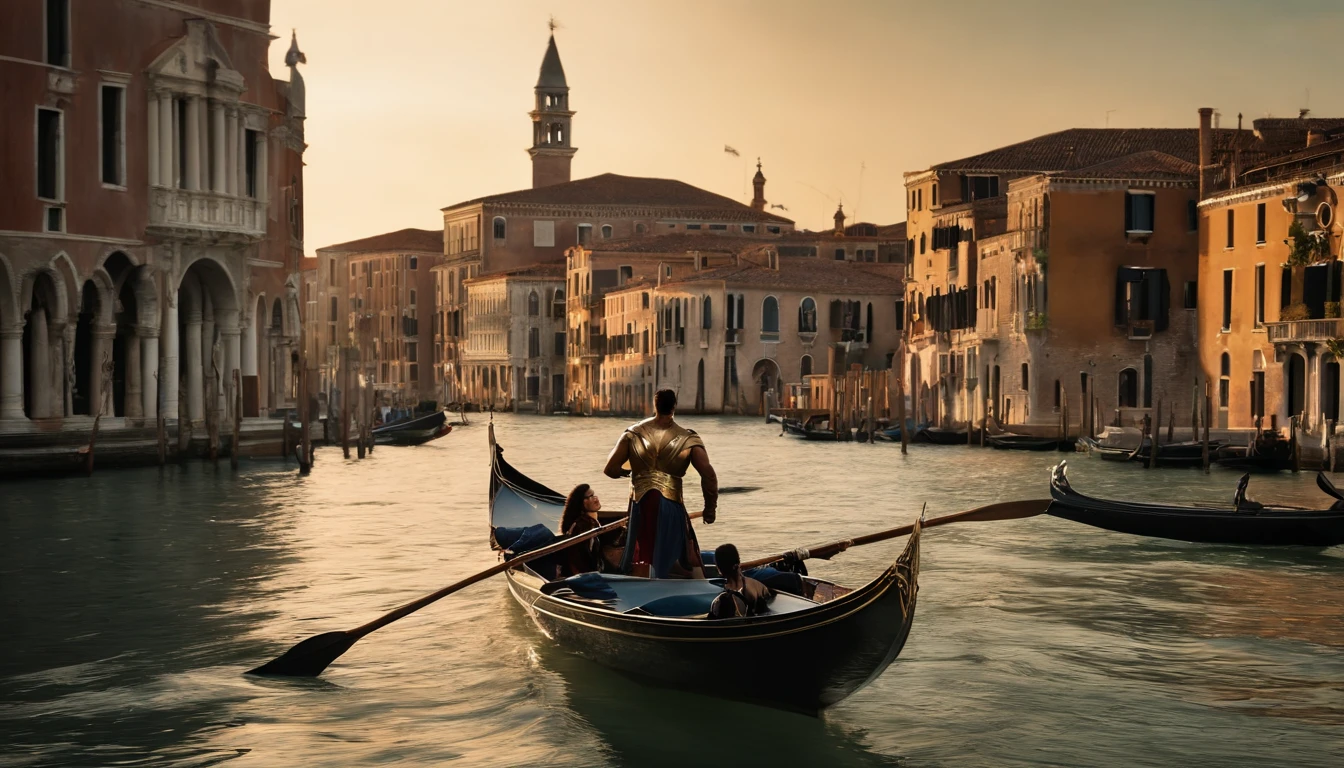 The Incredible Hulk-Hulk and Wonder Woman-Gal Gadot, both immensely powerful superheroes, are seen happily sailing in a traditional Venetian gondola along the enchanting Grand Canal. Image quality is of the highest standard, with every detail captured impeccably in ultra-high resolution (4K or 8K). The colors are bright and vibrant, bringing the scene to life with a touch of HDR. The lighting is carefully orchestrated, with a soft glow that enhances the beauty of both the superheroes and the architectural wonders that surround them. The entire composition exudes an air of realism and photorealism, as if the viewer were transported to this magical world. The art style chosen for this scene is a perfect mix of comic book illustrations and realistic rendering. It captures the essence of both characters while embracing the grandeur of the Venetian setting. The color palette is rich and diverse, with the deep blues of the canal water contrasting with the warm tones of the buildings. This combination creates a visually striking and harmonious aesthetic. It showcases its undeniable power and combines it with the city's architectural wonders, resulting in a magnificent masterpiece that captures the imagination and amazement of all who behold it.