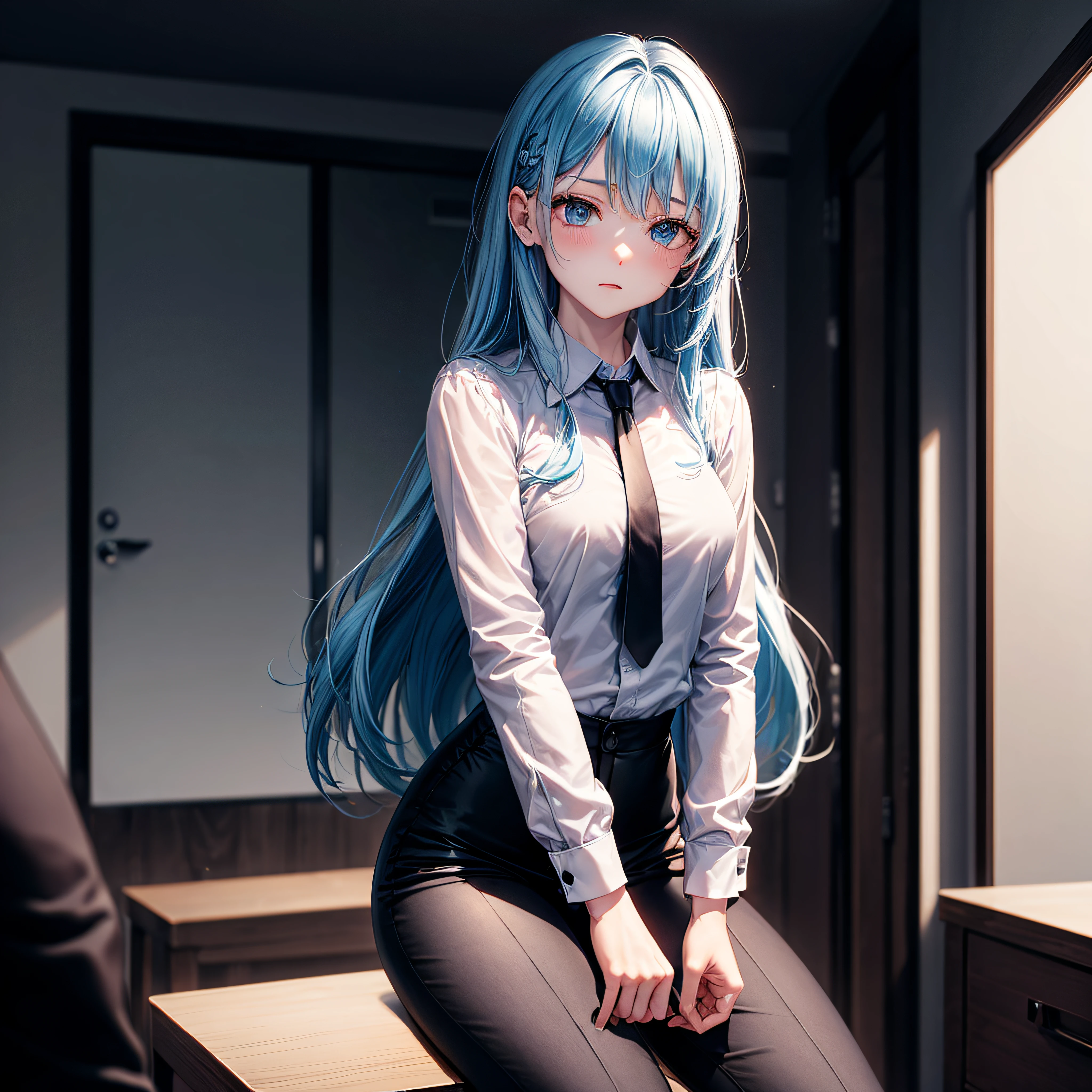 realisitic、top-quality、sit on the table、((One Woman:1.5))、Light blue hair、Very long hair、light bule eyes、meeting room、inside in room、Medium chest、black suits、Black suit jacket、Black pants、white shirt、neck tie