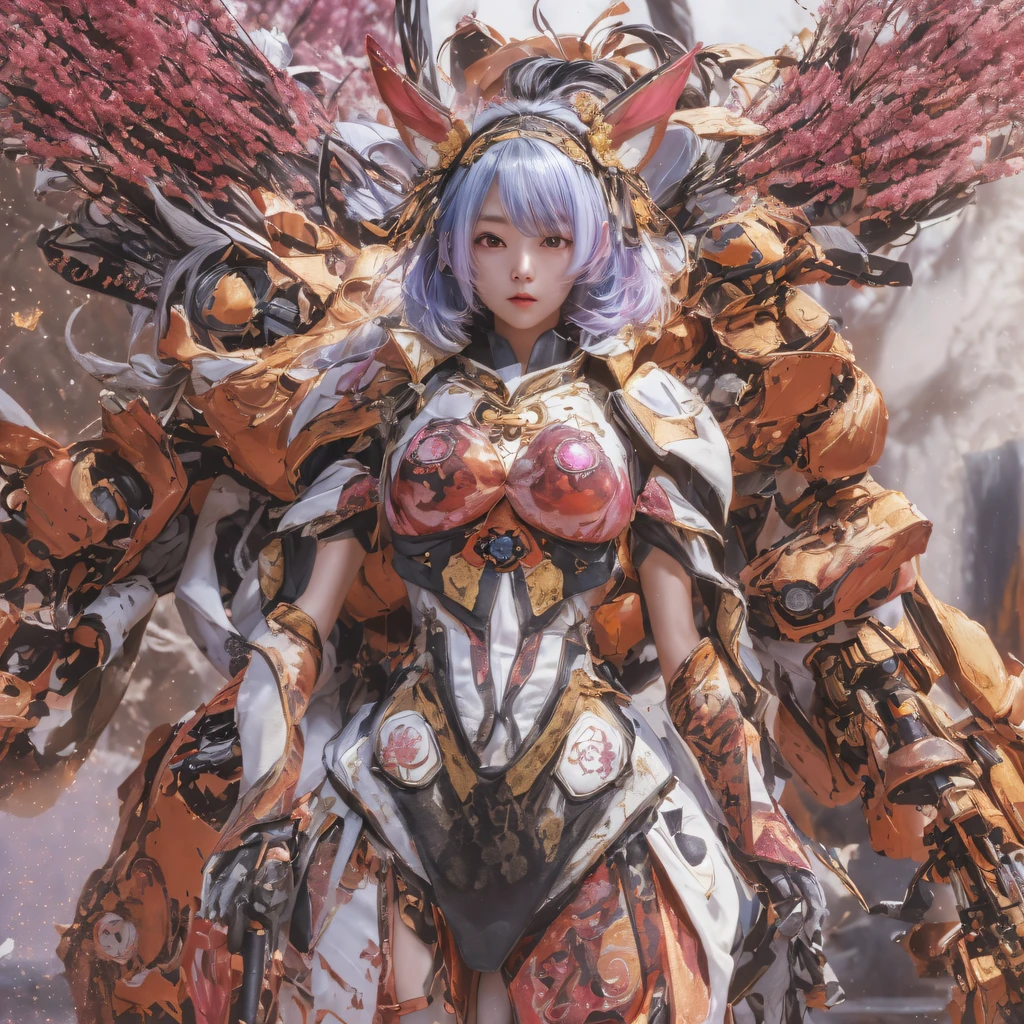 Light orange wind（（Red and white mech girl））National wind circle，Flying nine-tailed fat skull flame ethereal toad star，Golden-black damask white rabbit fur bra，Fuchsia pink diamonds, Tulle burgundy diamond shin guard，CG ，Light orange full set of thick mechs，Giant，, Realistic secret girl rendering, detailed face of a asian girl, Reality in the secret world, Smooth CG art, Realistic. Cheng Yi, Realistic secret style, A lovely secret rendering, 8K portrait rendering, Render character art 8 K, Kawaii realistic portrait，Golden-black damask white rabbit fur bra，Fuchsia pink diamonds, Tulle burgundy diamond shin guard((ultra real detailed.mecha-girl)Mink cotton suit mech，Bright blue and white feathers gold silk shoulder pads，Shi Zhong Huhu female Taoist，Tailfire，Tattooed with，Genius ratio，Silicone texture，Short bright purple hair，3D modeling，4K,8K,16K smooth (Masterpiece, Top quality, Best quality, offcial art, Beauty and aesthetics: 1.2), Very detailed, Colorful, Most detailed, branches,mecha-girl, （Mards）mecha-girl（canyons）， （Linen future mech girl）， Angry fighting stance， looking at the ground， Batik linen bandana， Crane pattern long sleeve garment，Mecha Maiden Canyon（Abstract propylene splash：1.2）， Dark clouds lightning background，Sprinkle with golden mech girl powder（realisticlying：1.4），Black color hair，Flour fluttering，rainbow background， A high resolution， the detail， RAW photogr， Sharp Re， Nikon D850 Film Stock Photo by Jefferies Lee 4 Kodak Portra 400 Camera F1.6 shots, Rich colors, ultra-realistic vivid textures, Dramatic lighting, Unreal Engine Art Station Trend, cinestir 800，Flowing black hair,（（（Red and white mech girl））），Front view，Pure transparency，Wear boxing gloves，Ice is permeable to gas，Film light and shadow，Panorama ultra-wide angle，extremely happy，The texture of the real person is delicate，Strong visual impact，Hyper-detailing，Dream girl，Refined face，prettyeyes，high saturated，Wear reflective sunglasses with a thick gold thread，crystal-clear，Good interpersonal skills