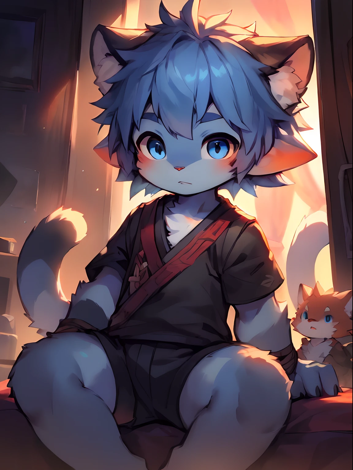 three fourths view,Dark blue body,Fluffy hair,Shota,blue hairs,ddlers,Blue eyes , adolable, Master masterpieces, A high resolution,8K,detailedbackground,high high quality,(((Libido boy,tolers,Q version))),独奏,Cat tail,cat ear,((独奏,only, Looking_at_Audience communication_Legs, On_Return to the best_quality, hi_Nothing,,Bedrooms,opening legs)),the shy,((lalafell)),solo person,((author:Puinki,By Artists:1.2),(author:Unreal Land,author:Sumi Kuroi,author:Milk Tiger 1145,author:Morkey,(author:Xia Huaiting:0.8),(by Pino Daeni:0.8) (Fine and detailed eyes and detailed face) , (Handsome face) , (Perfect anatomy) ,thick bushy eyebrows,short detailed hair,Very Fine Detail, 4K , 8K ,cinematric light,stunning art,lindo cenario