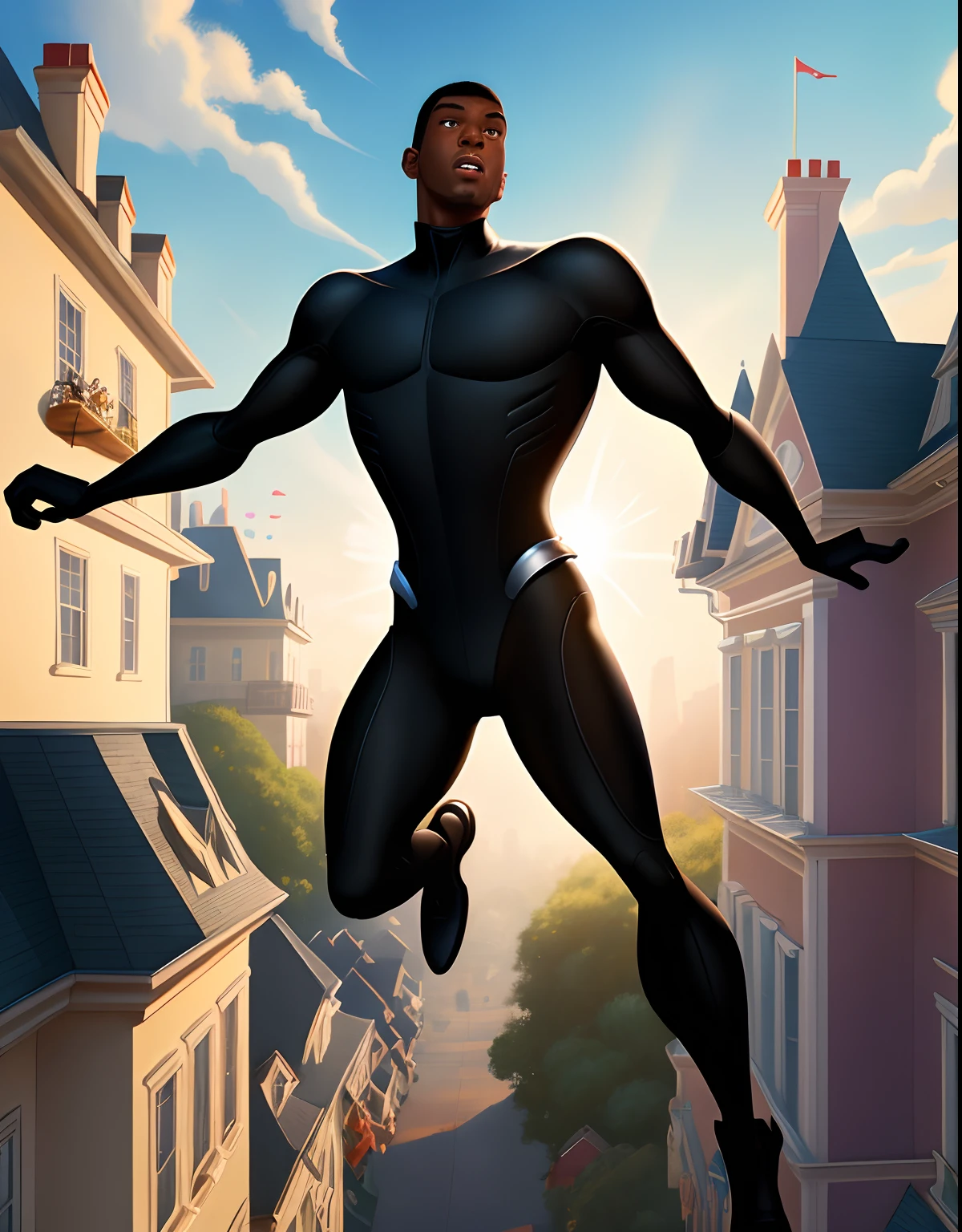 create Disney pixar movie cover drawings with tall thin black man Jumping the walls of houses with the title of King of Leap