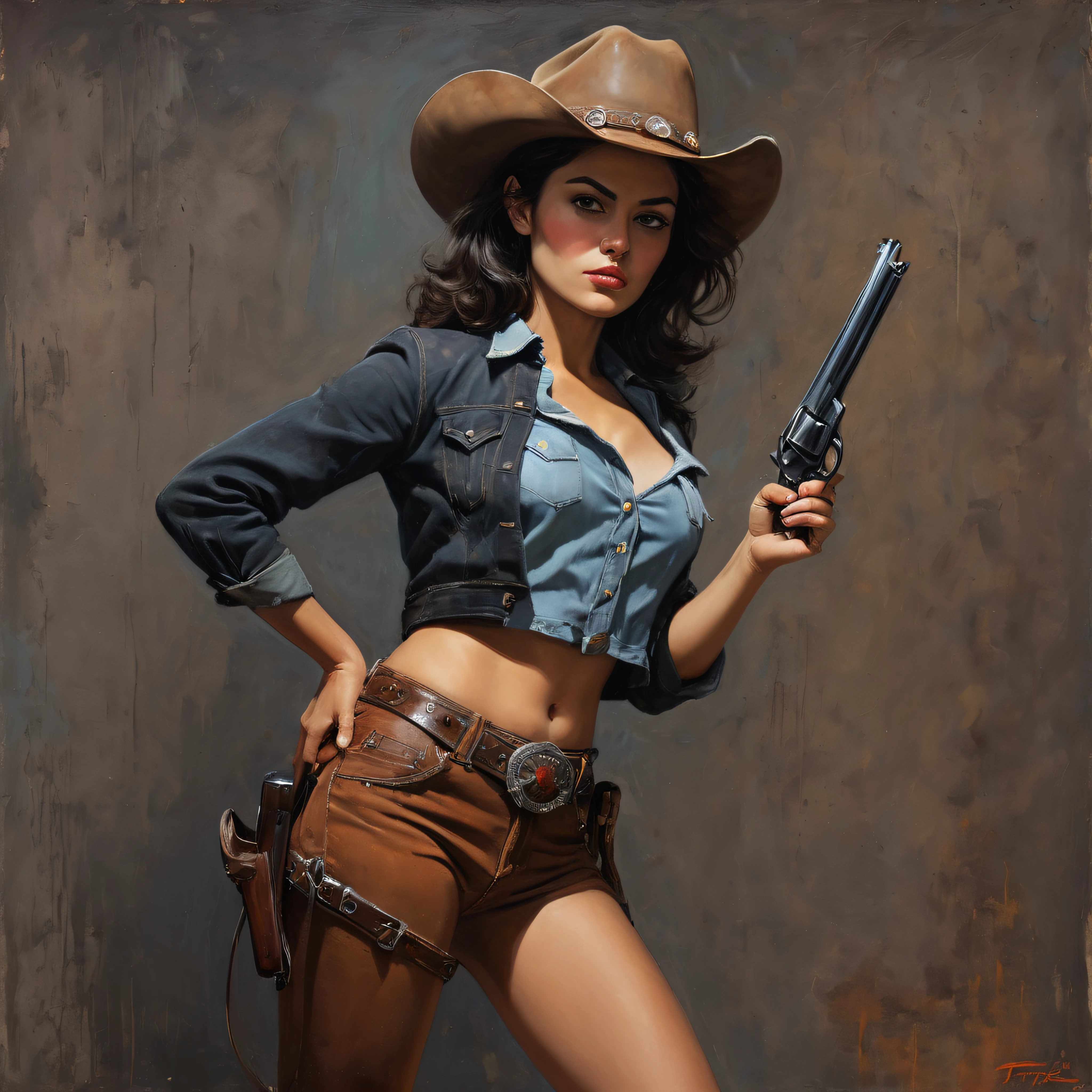 24 x 36 inch Movie Poster, Full body portrait, head to toe, Anya Chalotra, as a cowgirl, brandishing a pistol, a dark, stained wall in the background, oil painting on canvas, in the style of Frank Frazetta, 32k UHD, Vibrant, extremely colorful, sharp, detailed,