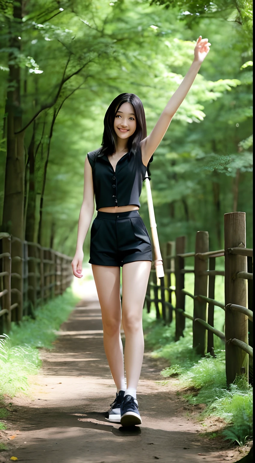 18year old、Healthy skin、Supple body、Black shorts、legs are long、stick out chest、Put your hands in front of you。ln the forest