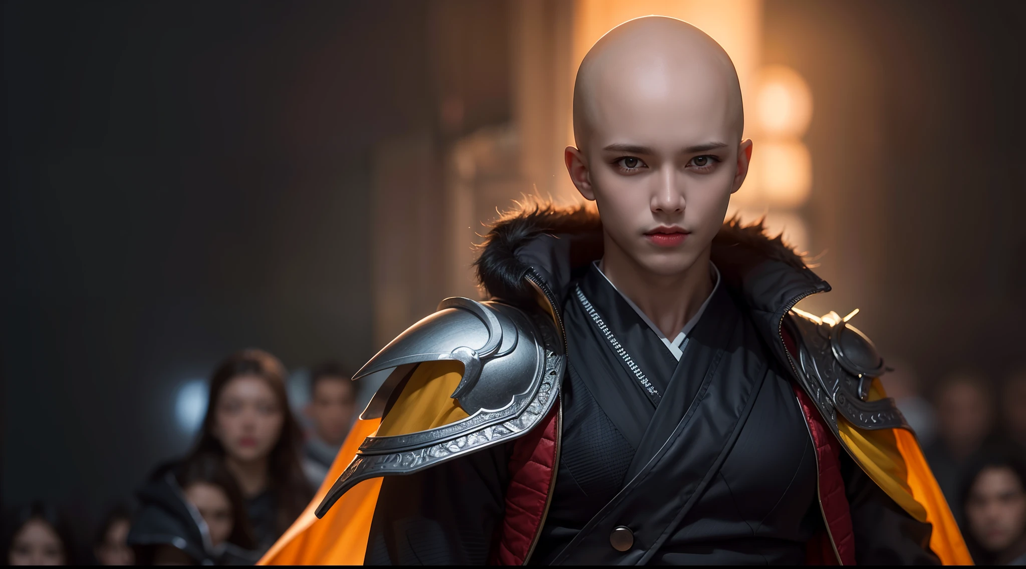 An 8k masterpiece, highest resolution, every detail, meticulous detail, depth of field, bright colors, beautiful composition: anime character Saitama with beautifully detailed glowing eyes, standing on a dark and ominous background. Yellow shirt, cape, This handsome demon slayer is the epitome of bad guys in the fantasy art world.