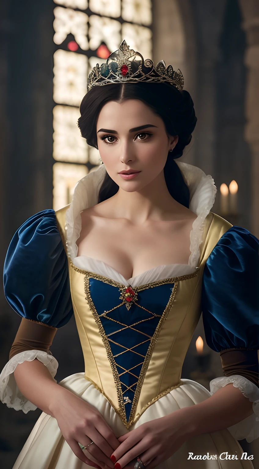Image d'une femme en robe avec une couronne sur la tête, Portrait de Blanche-Neige, 4K HD. Cheveux blancs comme neige, peau blanche comme neige pâle, Blanche-Neige, Rachel Weisz, Blanche-Neige comme un D & D Chasseur, Photo fixe, Plan rapproché, 4k encore, Olivia Culpo: Milady de Winter, regarde directement dans la caméra , 4k , shot of canon , max détail , réaliste femme