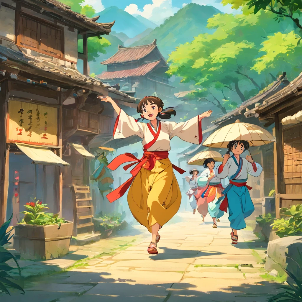 rural village background,The Zhuang people sing mountain songs,Guangxi Mountain,a color,A group of young people,Zhuang costumes, Dance,Bamboo pole dance,Bamboo handicrafts,Bamboo pole dance