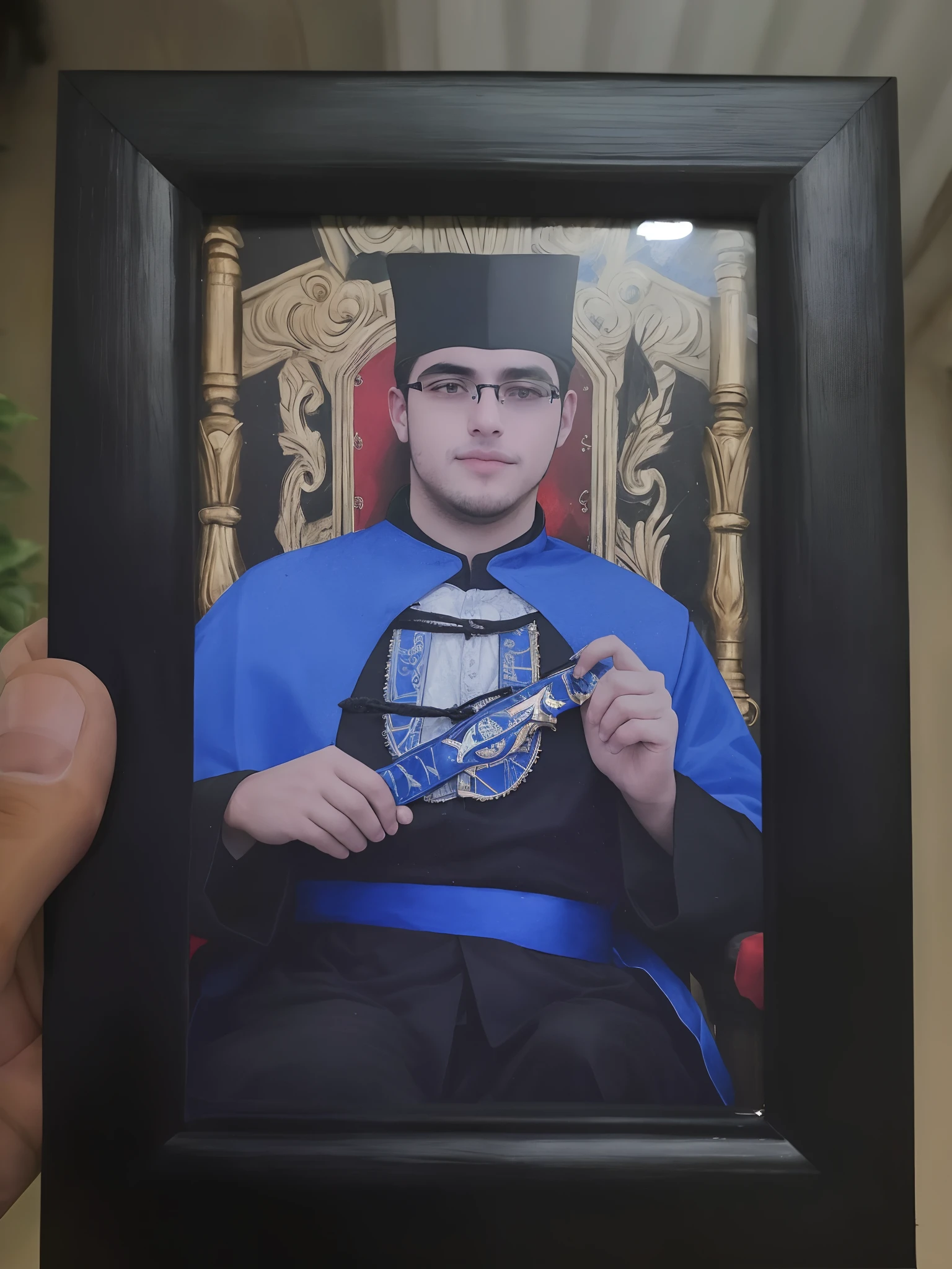 Arafed imagem de um homem com uma camisa azul e uma camisa preta e branca, Foto de formatura, vestindo vestes de bruxo, vestindo hogwarts!!! Vestidos!!!, vestindo manto azul, wearing an academic gown, vestido como um bruxo, vestindo vestes de bruxo preto, assunto completo no quadro, vestindo longo manto real, vestindo um manto azul, imagem de qualidade muito baixa, vestindo vestes de mago