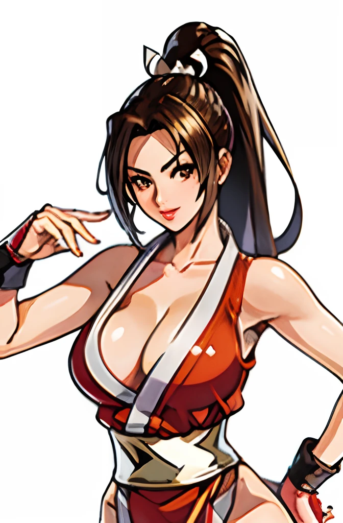 mai shiranui, ((shiranui_mai)), (mai shiranui), [mai shiranui], {mai shiranui},1girl, solo, pinup pose, shiranui_mai, japanese clothes, revealing clothes, high ponytail, pelvic curtain, ninja, thighs, &amp;lt;lora:shiranuimai:0.7&amp;gt;, maims, large breasts, pelvis curtain, japanese clothes, revealing clothes, cleavage, rope, sash, &amp;lt;lora:MaiMS:0.7&amp;gt;, ((shiranui_mai)), (mai shiranui), [mai shiranui], {mai shiranui}, pinup pose, pinup, official art, brown eyes, long hair, brown hair, white ribbon, sleeveless, ponytail, sash, pelvic curtain, arm guards, gloves, tabi, ((pinup))