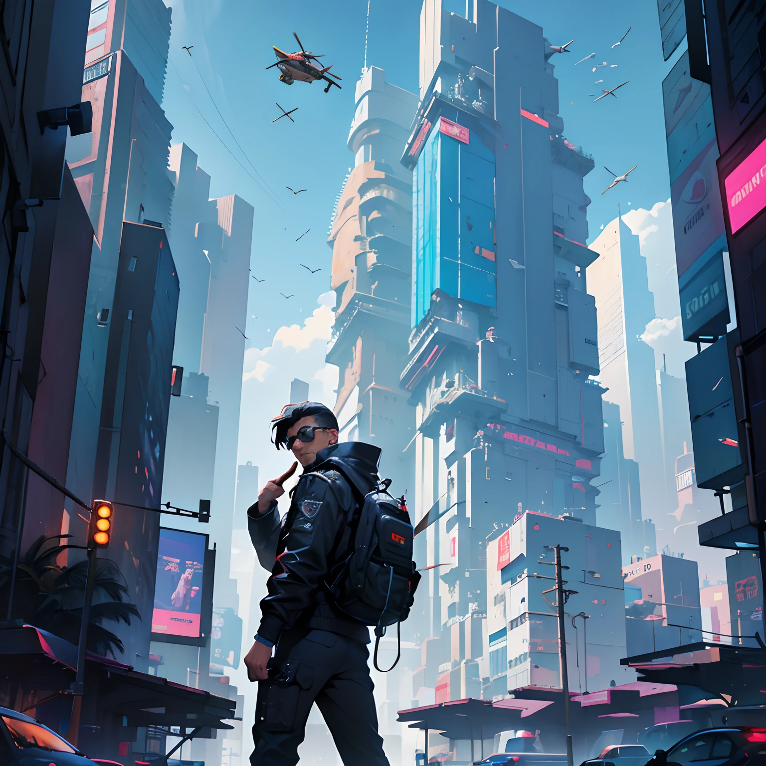 Arte digital de um homem com oculos e jaqueta de couro e cabelos roxos, ele esta em um helicoptero sobrevoando uma cidade com predios, Skycrappers, Estilo Syntwave, Cyberpunk, Escuro. IT'S LATE, CEU ROXO