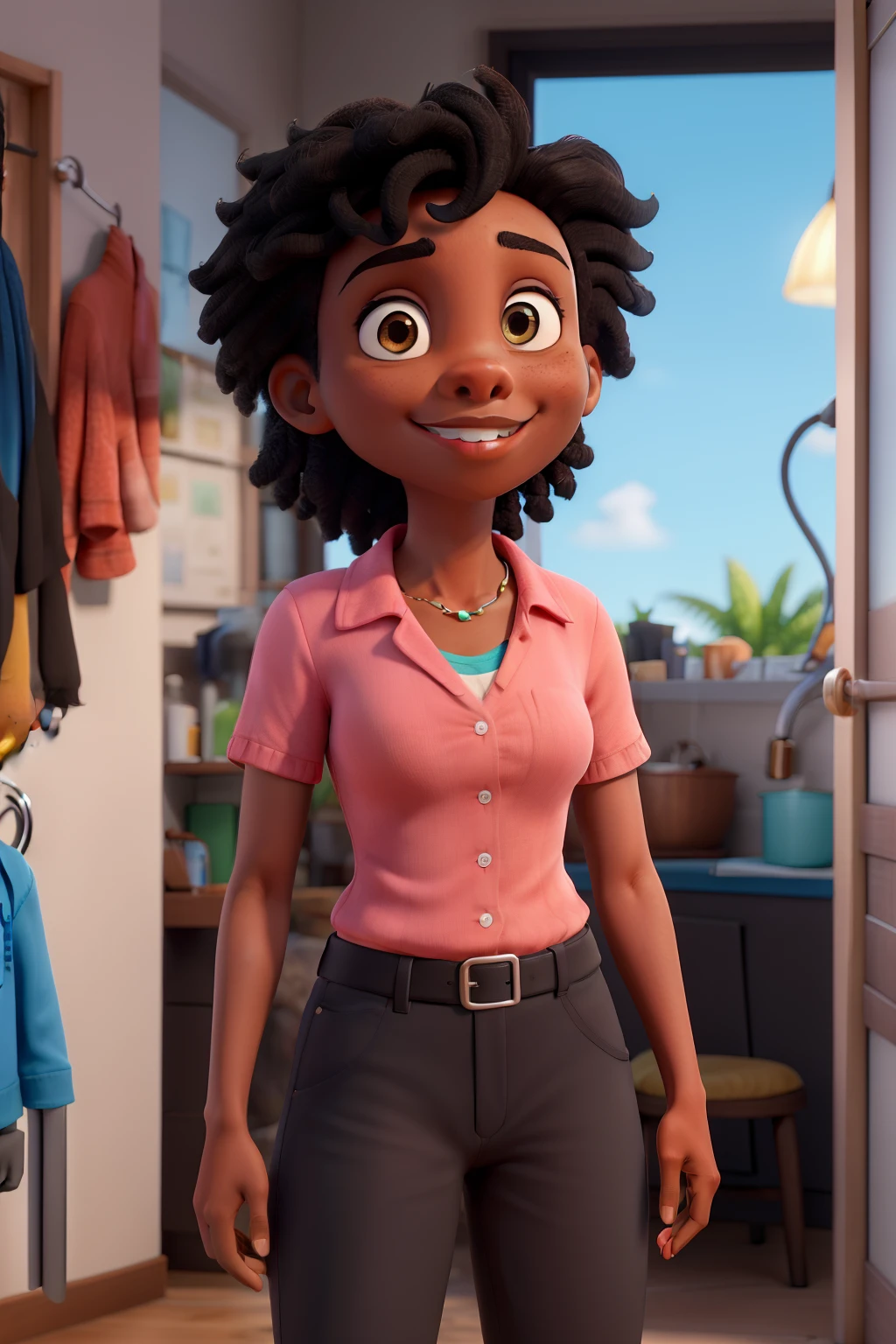 Obra-prima, de melhor qualidade, Dental surgeon with black hair and brown skin, com olhos castanhos e jaleco azul marinho com a camisa preta e gravata rosa