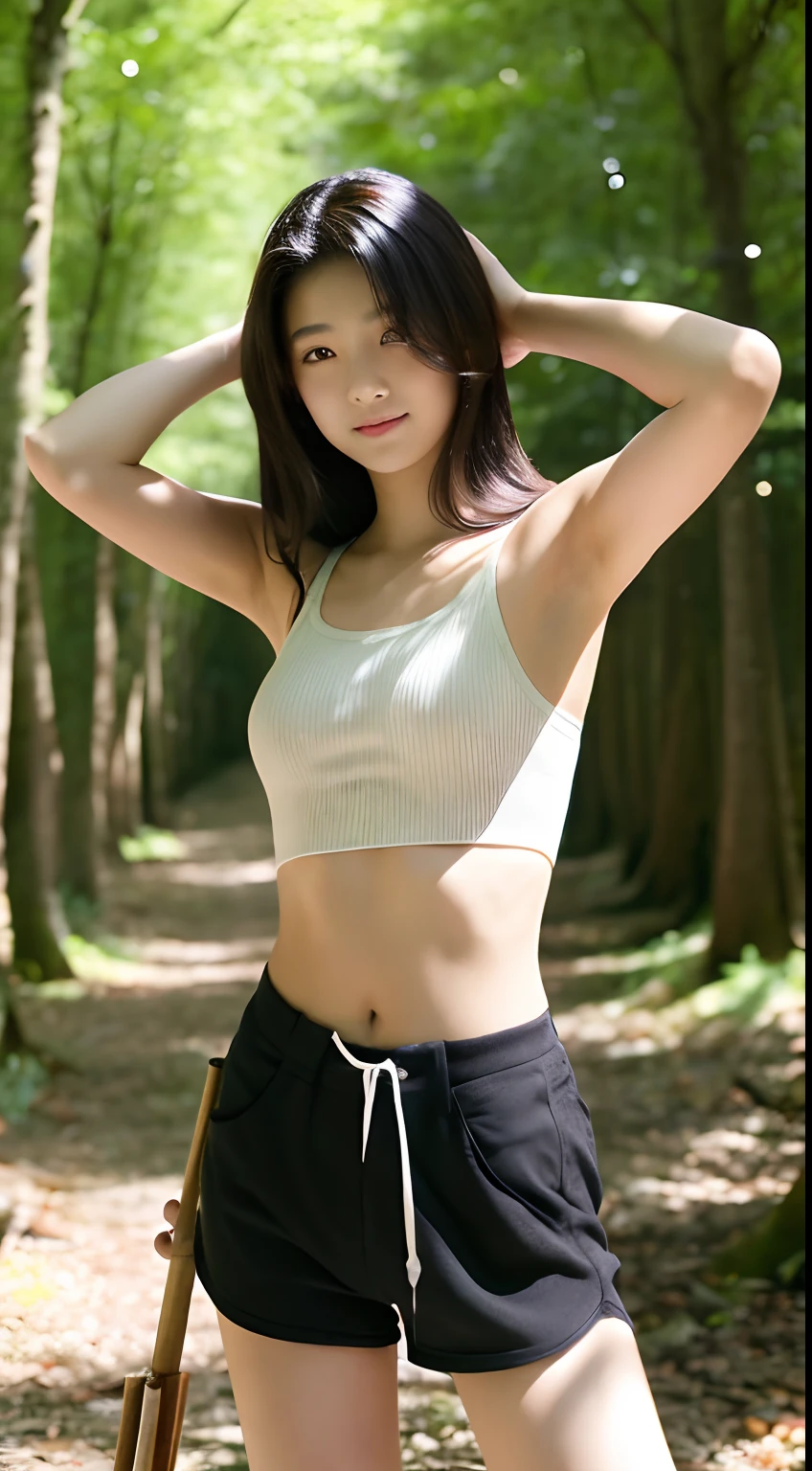 8k, masterpiece, Highest quality, Realistic, Very detailed, 1 girl, An athletic body, Realistic skin texture, Medium chest, Staring at the audience, smile, Cropped shirt, Skinny T-shirt, Tank top, Down, Down , Micro Mini Skirt, hot pants, Shorts, Cinema Lighting, Face Focus, Beautiful Eyes, Detailed face, Bright Face, Dawn, Outdoor, Background tree々, Low angle shot, Downからの眺め, Place your hands behind your head