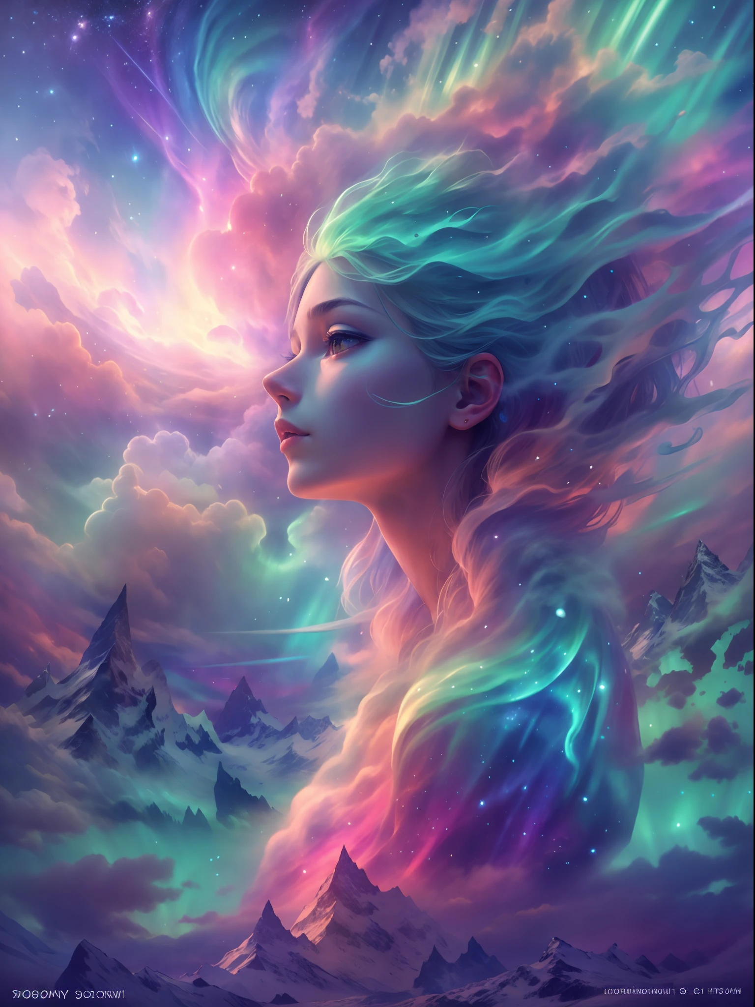 ((Best quality)) , ((Masterpiece)) , (Detailed) , Bloom in brilliant colors,Deafening landscape (aurora:1.3),facial,(Fantasy illustration:1.3), Masterpiece, Glowwave, Surreal, Dense field with TWIG, nevando, ultra fine detailed, Lonely, cold lighting, f/1.8, anaglyph filter, Extreme dreams, Biomorphic form, octane engine, A high resolution, 8K resolution