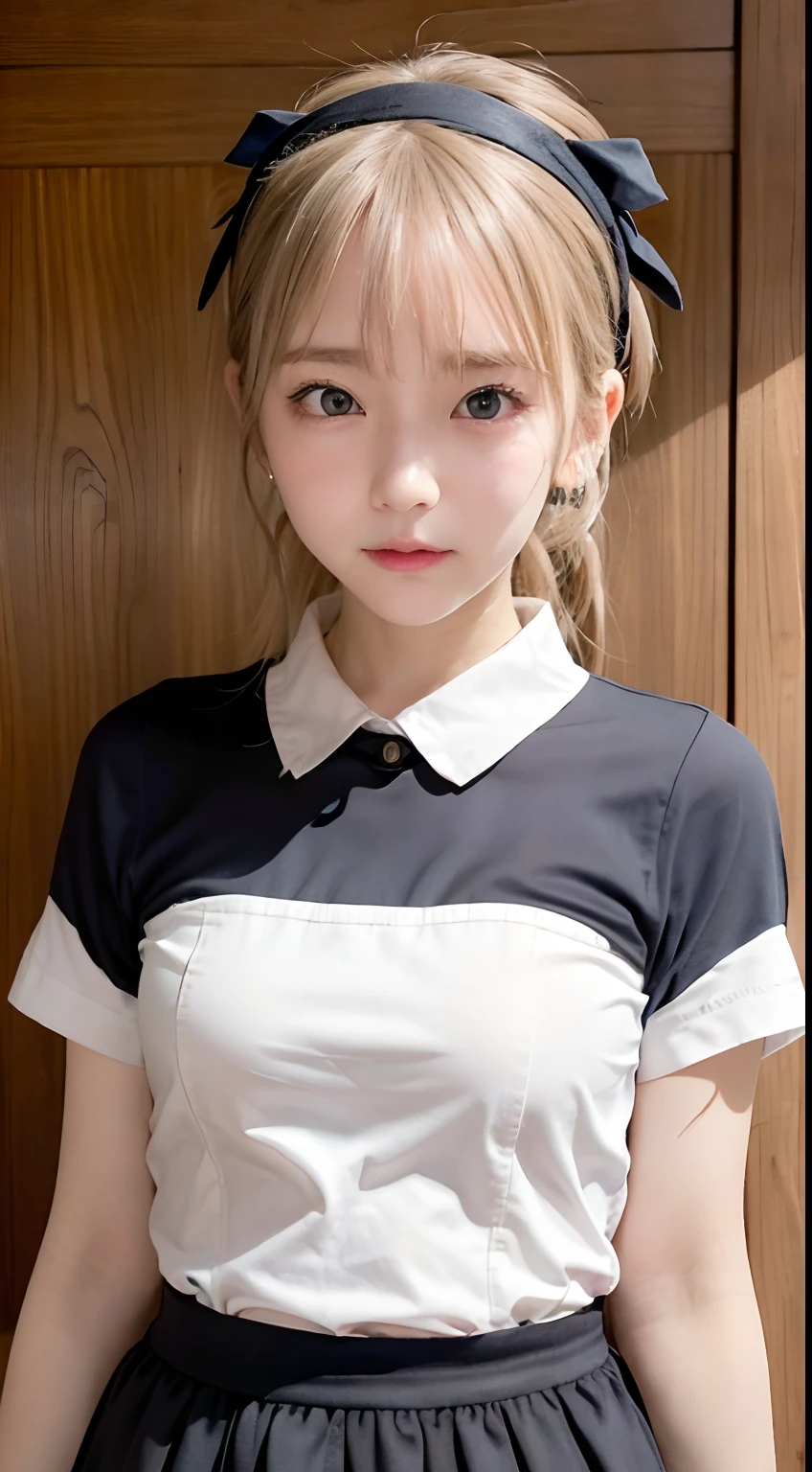 (highest quality、8k、32k、masterpiece、Hmph:1.2)、Pink wall、Blonde、sexy、18-year-old、Cute Japanese Women Photos、Bobcut、thin、slender、(Bobcut)、(Small Tits)、double eyelid、 Red open front shirt、Navy blue tie、Red mini skirt、Thighs、Blue Wall、whole body、smile、sexy、Thighs are visible