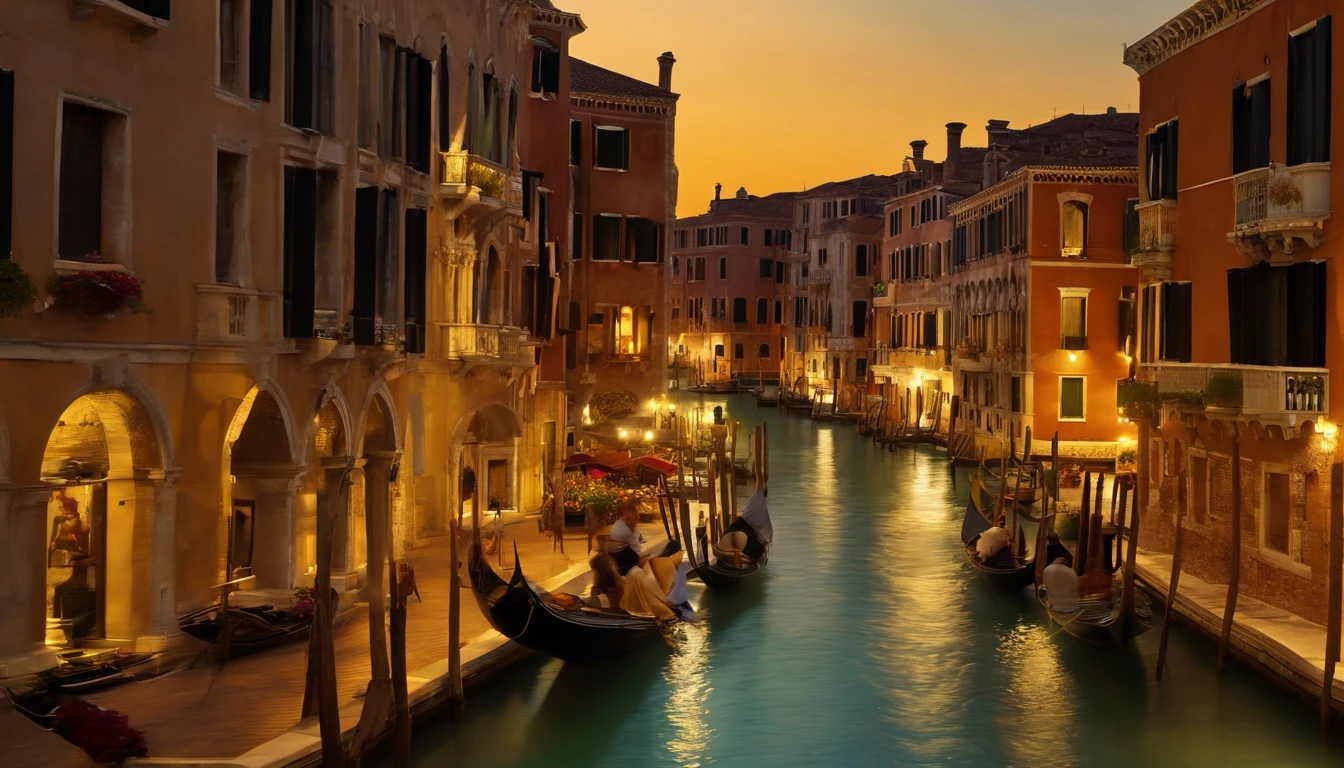 (best quality, 4k, 8k, high resolution, masterpiece: 1.2), ultra detailed, (realistic, photorealistic, photorealistic: 1.37), grand canal of Venice, scenes, ancient buildings, classical architectural beauty, romantic atmosphere, serene waters , iconic landmarks, gondolas passing by, beautiful reflections, blooming flower gardens, lively bridges, historic charm, bright lights, vibrant colors, wonderful panorama, sunset sky, picturesque scenery, cobblestone streets, majestic palaces, jagged windows, fine details, vivid textures, artistic brush strokes, light and shadows, dappled sunlight, picturesque windowsills, flower-adorned balconies, romantic ambiance, visual feast, awe-inspiring view, world-famous canal, authentic Italian charm, atmospheric perspective, lively activity in the canal, whispering gondoliers, romantic couples, architectural delights, sunlit facades, reflection of palaces, secluded corners of the canal, historic setting, quaint shops and cafes, classic gondola ride, unforgettable experience, dreamlike atmosphere, old world elegance, nights enchanted.