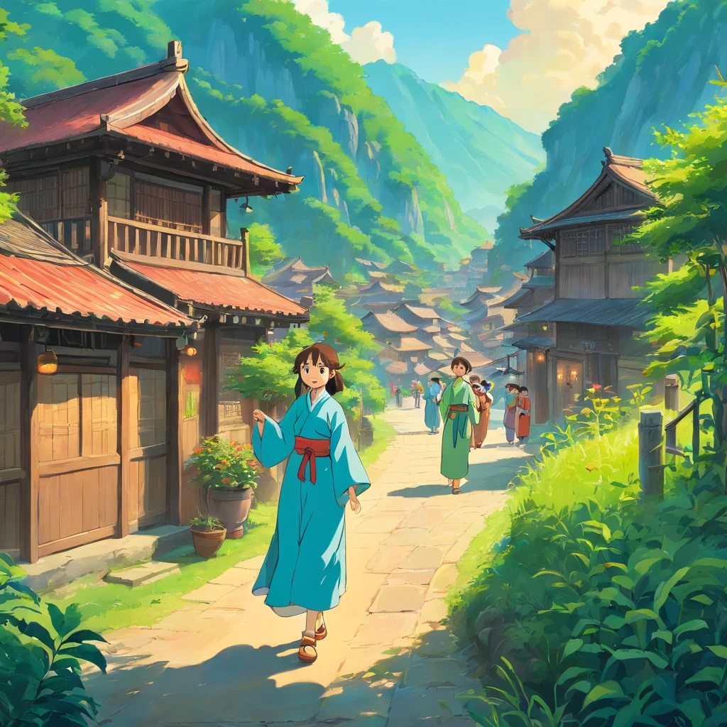 rural village background,The Zhuang people sing mountain songs,Guangxi Mountain,a color,A group of young people,Zhuang costumes, Dance,Bamboo pole dance,Bamboo handicrafts,Bamboo pole dance,Guangxi Zhuang characteristics