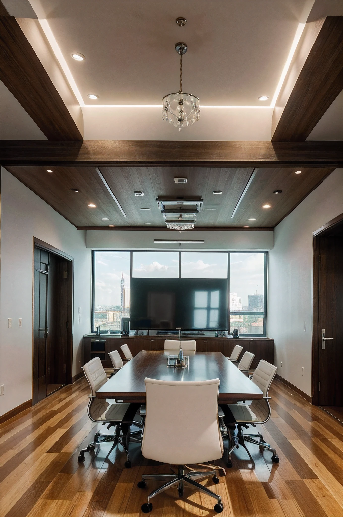 A conference room,polished wood floors,spacious and well-lit room with large windows,modern and sleek conference table surrounded by comfortable cushioned chairs,bright and clean walls,professional setting,elegant decor,an impressive chandelier hanging from the ceiling,refreshment corner with a coffee machine and water dispenser,up-to-date technology including a projector and video conferencing equipment,corporate atmosphere,calm and organized environment. (best quality,4k,8k,highres,masterpiece:1.2),ultra-detailed,(realistic,photorealistic,photo-realistic:1.37),HDR,UHD,studio lighting,professional,vivid colors.
