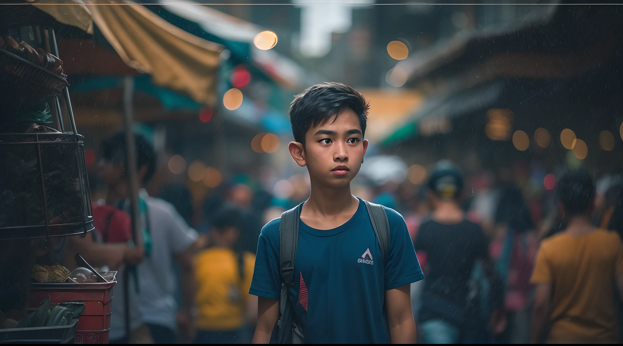 Picture the Malay teen boy in dark blue T-shirt at a bustling dark street market during the day. Use a medium telephoto lens to create a narrow depth of field, highlighting the boy amidst the lively surroundings. Apply a vibrant and slightly desaturated color grading to capture the vivid street atmosphere.
