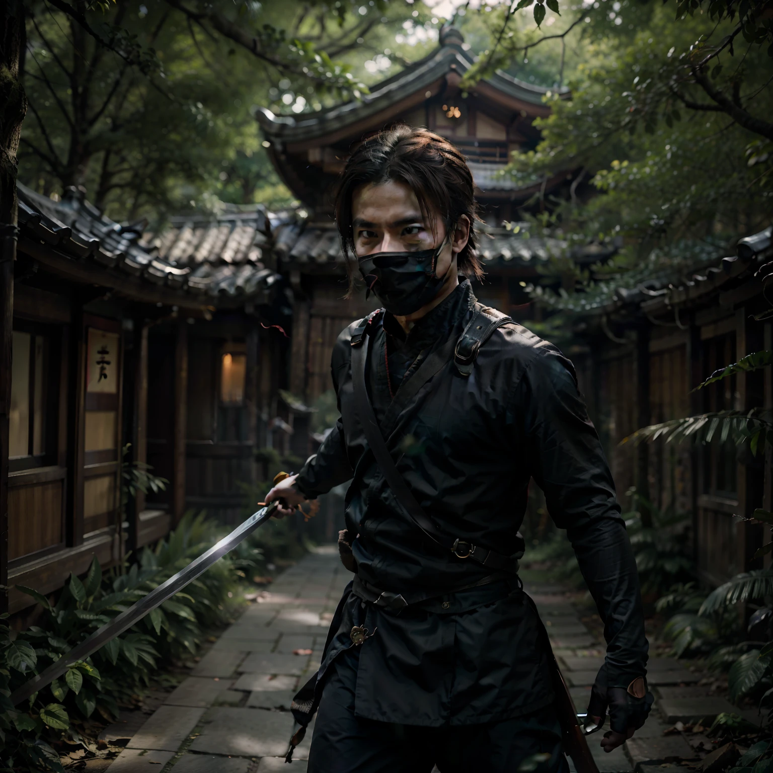 Cinematic photo, A ninja with a sword sneaks through the trees in the zhlungs, 电影灯光, cinematic quality, Film grain, Maximum realism, hight resolution, higly detailed