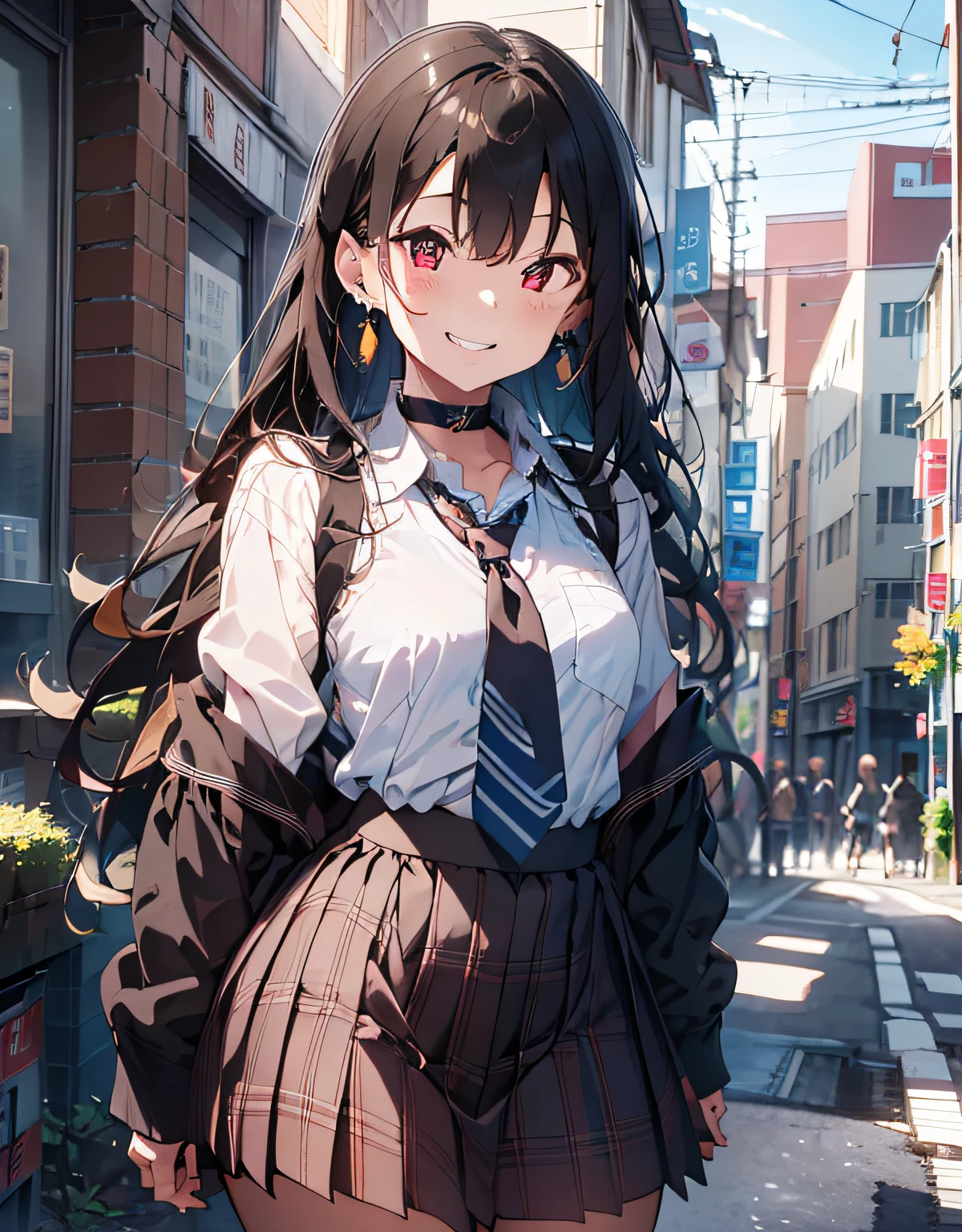 masterpiece, best quality, highres, Japanese school girl, 1girl, brown hair, long hair, multicolored hair, red eyes, jewelry, earrings, piercing, school uniform, white shirt, tied shirt, black choker, blue necktie, plaid skirt, grin, smile, standing, cowboy shot, outdoors, arms behind back, hands on hip,