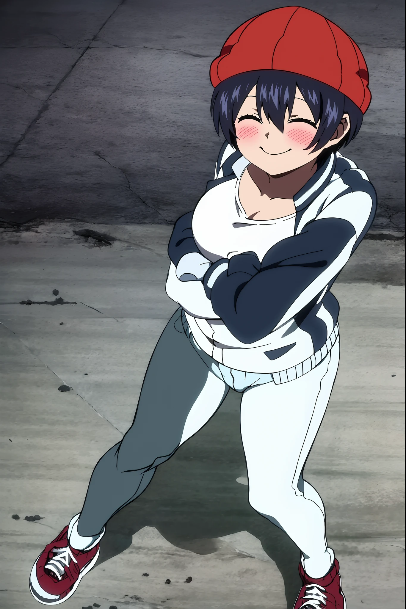 unluck, closed eyes, black hair, smile, 1girl, red gloves, short hair, blush, gloves, jacket, hat, own hands together, solo, white shirt, shirt, hair between eyes, bangs, collarbone, upper body, baseball mitt high quality, best quality, ultra detailed, masterpiece, full body