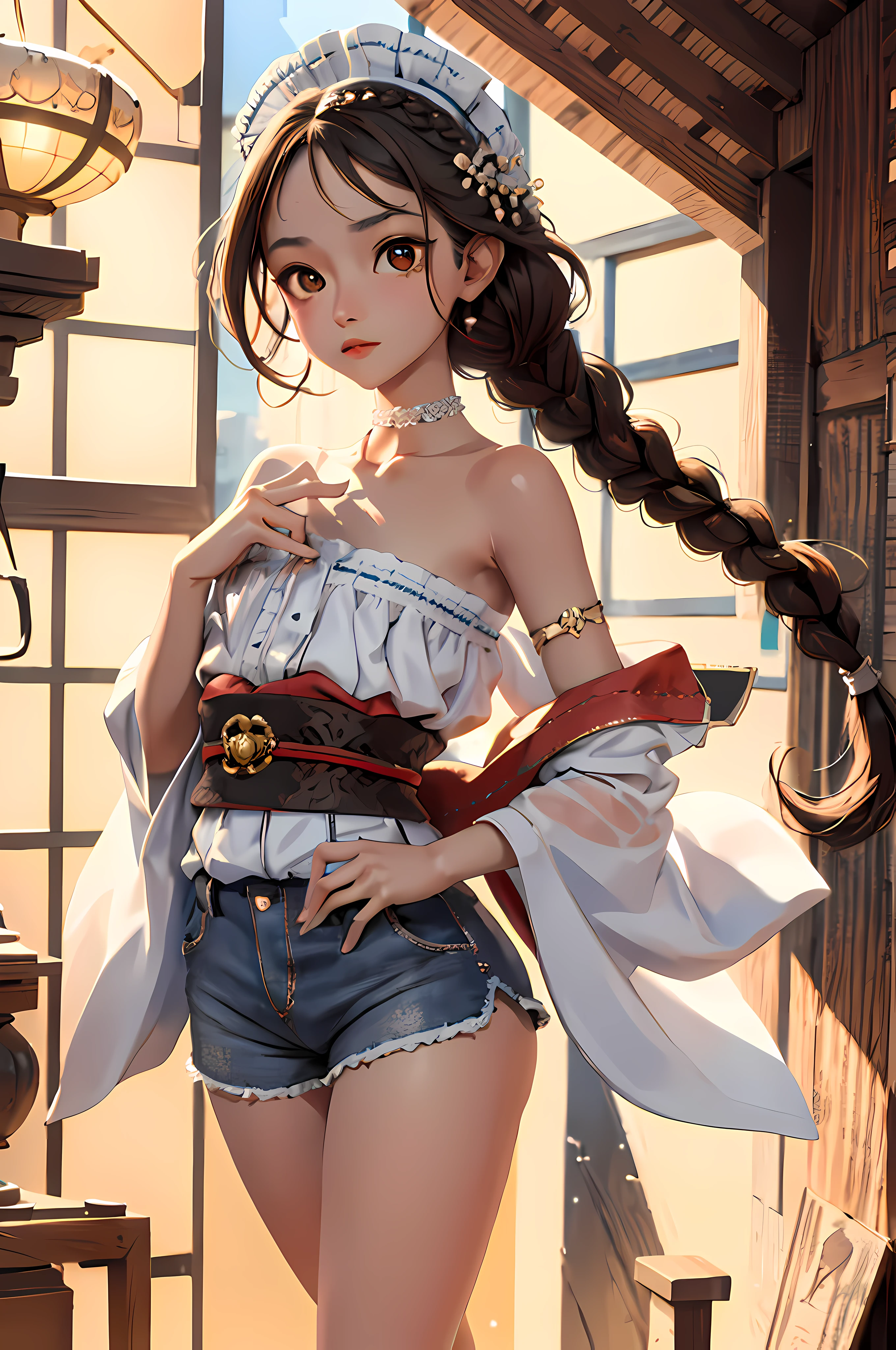 \ ((Masterpiece)), (1 girl), (Cute: 2.0), The face is extremely detailed, Enchanted expression, Strong gaze, Black Double French Braid, (Thin structure), Japanese girl, Slightly round face, Tanned brown face, Healthy face, Big eyes, Shorts, Thin thighs, (Small chest), confident pose, harsh, Almond-shaped eyes, rich palette,choker necklace,3D