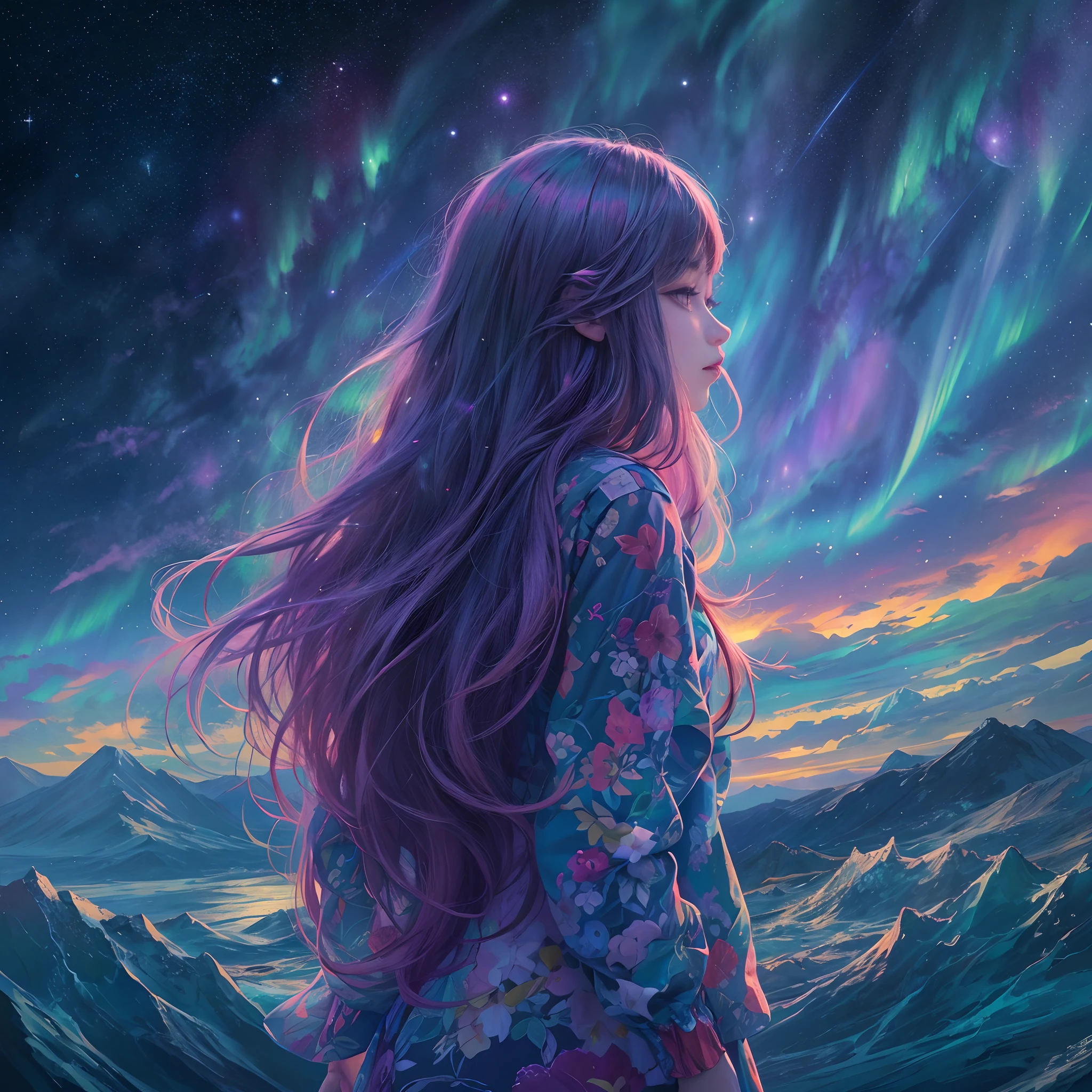 raw photo:1.2, masterpiece, highest quality, 16k, unbelievably absurd, very detailed, perfect beauty, (double exposure vibrant colors silhouette:1.3), (layered vibrant colors silhouette:1.2), (snow world photo scenery), snowflakes, starry sky with aurora, flowing towel, flowy long hair, (lake:1.2), (realistic photo scenery), (moonlight), (girl wearing towel), 