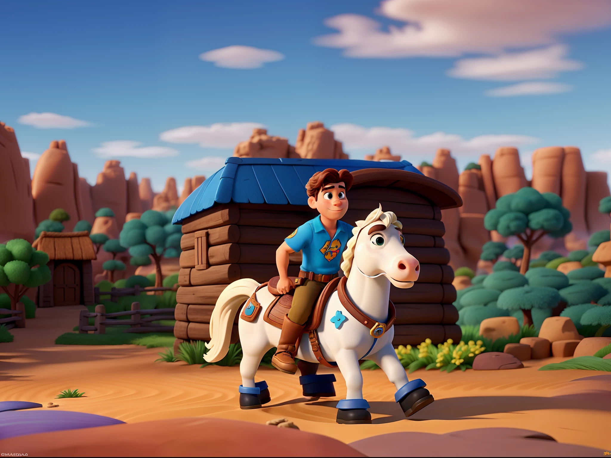 Um homem montado em seu cavalo estilo.             Disney pixar alta qualidade melhor qualidade com o nome BOIADEIRO na capa