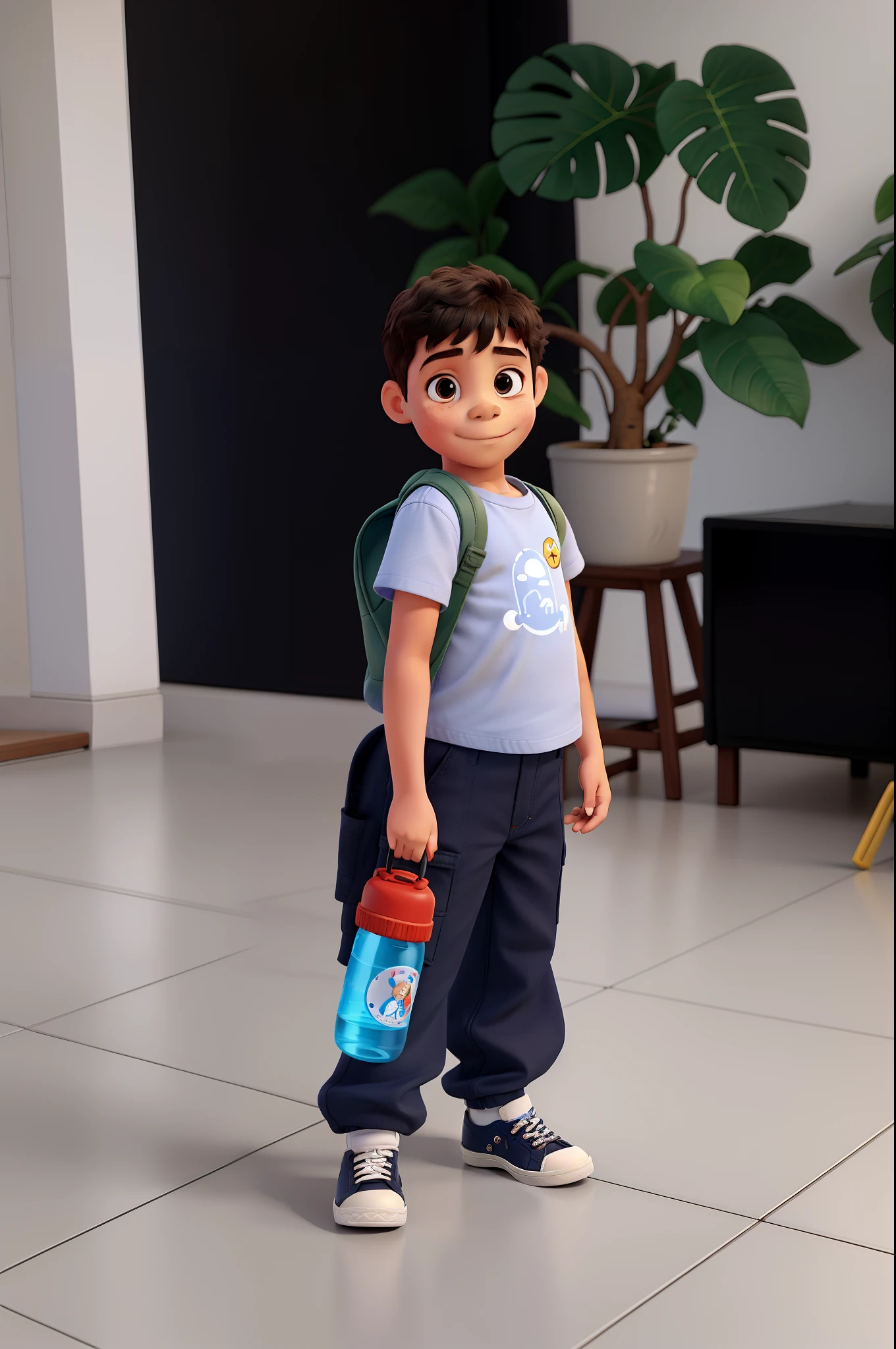 Child in uniform on the first day of school, Holding little bottle of water with monkey wish. Usando ALL star preto, On the t-shirt there is a tree design. Behind the boy is a potted Adam's rib plant
