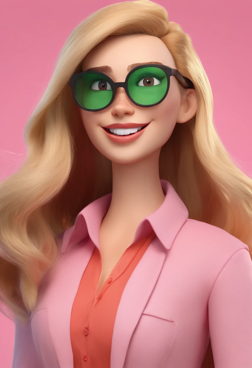 Create a Disney Pixar-style character of a stunning 30-year-old woman with straight, blonde, fine and long hair, skin-tone white, black eyes, square-shaped prescription glasses, thin lips, smiling, wearing a pink blouse and green pants.
