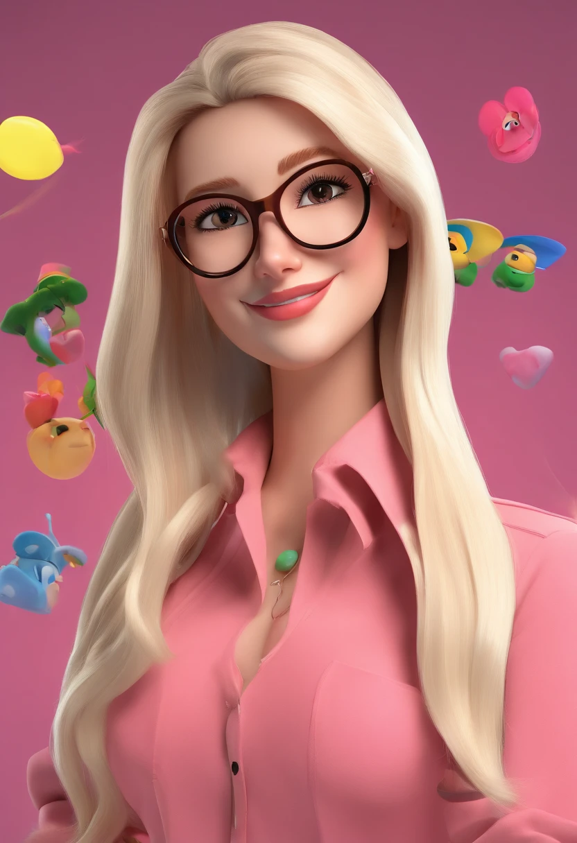 Create a Disney Pixar-style character of a stunning 30-year-old woman with straight, blonde, fine and long hair, skin-tone white, black eyes, square-shaped prescription glasses, thin lips, smiling, wearing a pink blouse and green pants.
