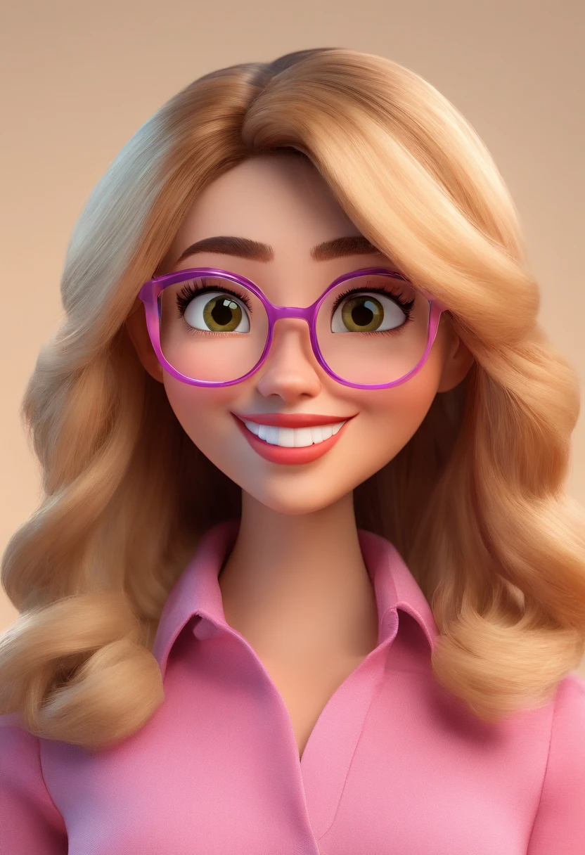 Create a Disney Pixar-style character of a stunning 30-year-old woman with straight, blonde, fine and long hair, skin-tone white, black eyes, square-shaped prescription glasses, thin lips, smiling, wearing a pink blouse and green pants.