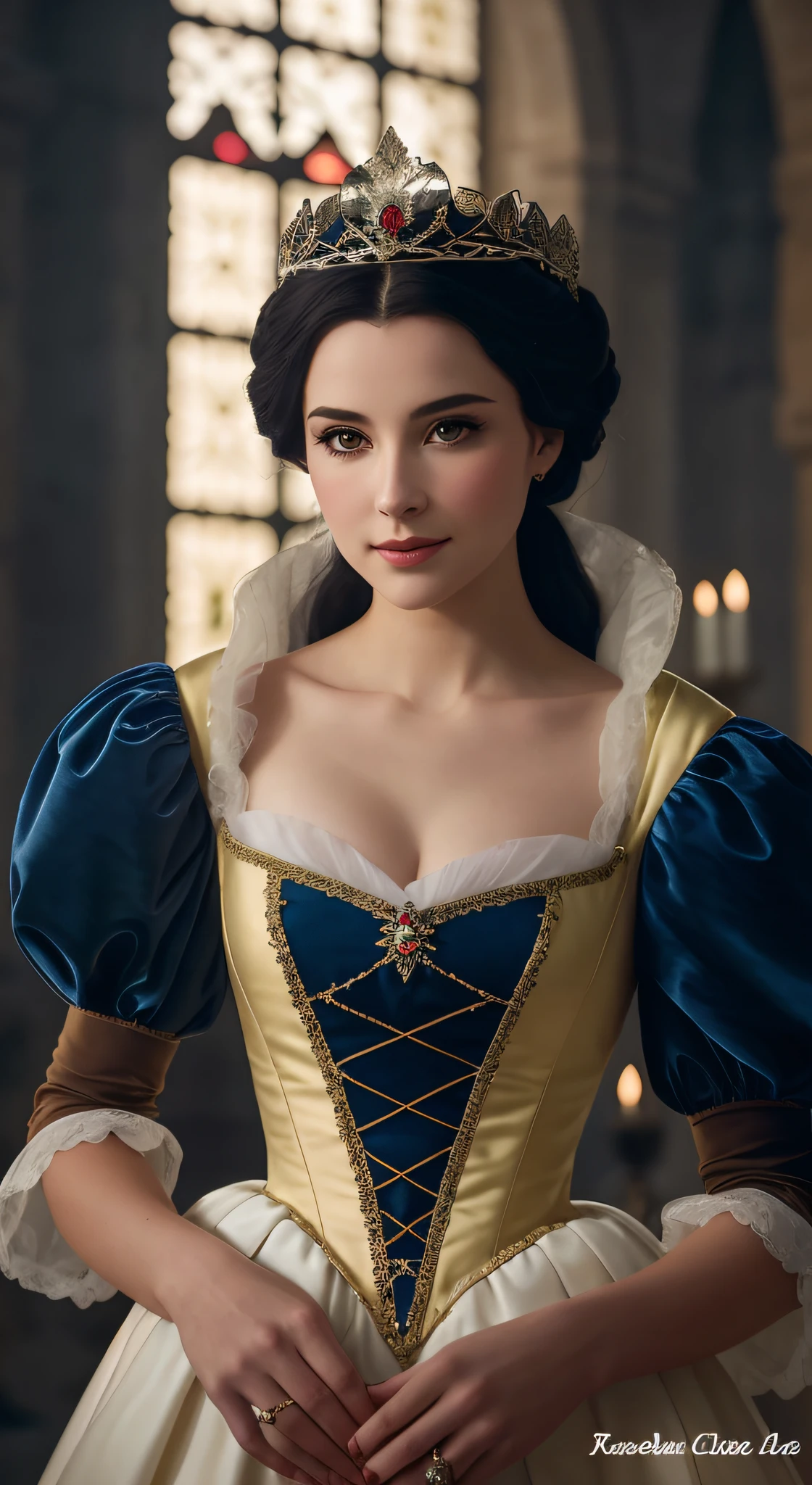une scène très réaliste où Blanche-Neige, le personnage de conte de fées, se tient devant la caméra. Elle est entourée d'une forêt luxuriante, avec des arbres majestueux et une lumière douce filtrante à travers les feuilles. Blanche-Neige , vêtue de sa robe emblématique et d'un ruban rouge dans ses cheveux noirs, regarde directement dans la caméra avec un doux sourire. Sa peau est impeccable, ses yeux brillent d'une lueur curieuse et sa chevelure est lisse et éclatante. Le vent souffle doucement, faisant virevolter quelques mèches de ses cheveux. Les détails de son visage, de sa tenue et de l'environnement sont réalistes, créant une image captivante et presque vivante de Blanche-Neige." 4k , shot of canon , max détail ,