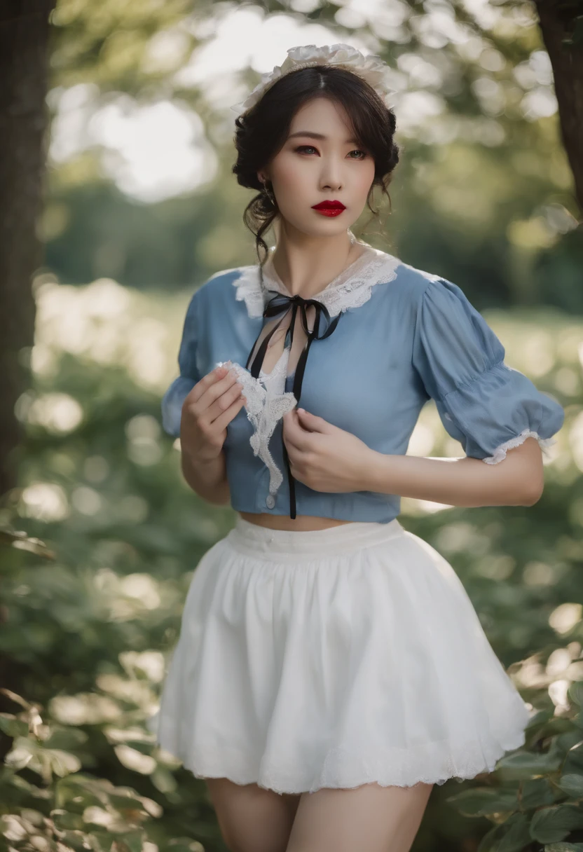 (masutepiece, Best Quality:1.2), 8K, 85 mm, Official art, Raw photo, absurderes, A dark-haired, (Blue eyes, Lolita Fashion, sweetlolita, Gothic, Dress:1.2), Idol face, Upper body, Beautiful Girl, gardeniass, Copenhagen, Short sleeve, Elegance, Sophisticated, gardenia, Film grain, chromatic abberation, Sharp Focus, face lights, Dynamic lighting, Cinematic lighting,(( red blush、embarassed expression, Look away、Looking down in embarrassment:1.2))、(((tucking up the skirt、White panties are visible、Sujiman、slit)))、NSFW、