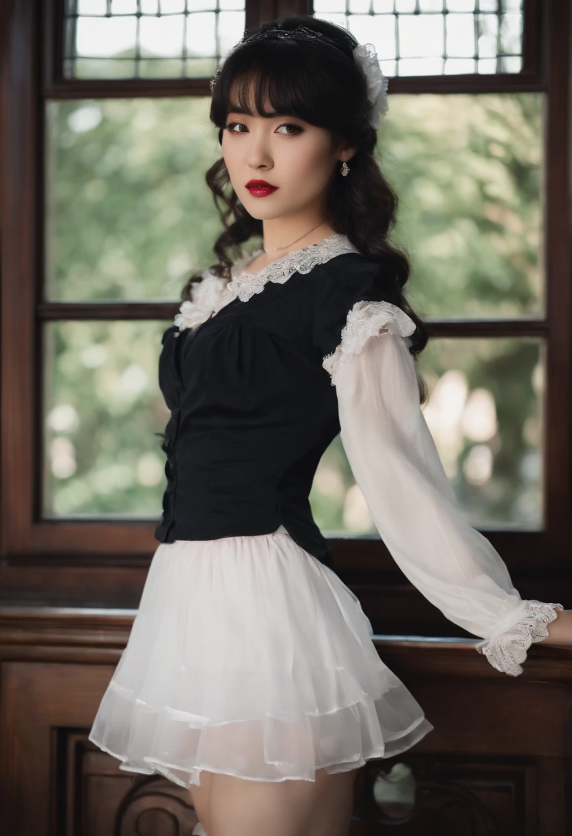 (masutepiece, Best Quality:1.2), 8K, 85 mm, Official art, Raw photo, absurderes, A dark-haired, (Blue eyes, ta Fashion, sweetlolita, Gothic, Dress:1.2), Idol face, Upper body, Beautiful Girl, gardeniass, Copenhagen, Short sleeve, Elegance, Sophisticated, gardenia, Film grain, chromatic abberation, Sharp Focus, face lights, Dynamic lighting, Cinematic lighting,(( red blush、embarassed expression, Look away、Looking down in embarrassment:1.2))、(((tucking up the skirt、White panties are visible、Sujiman、slit)))、NSFW、