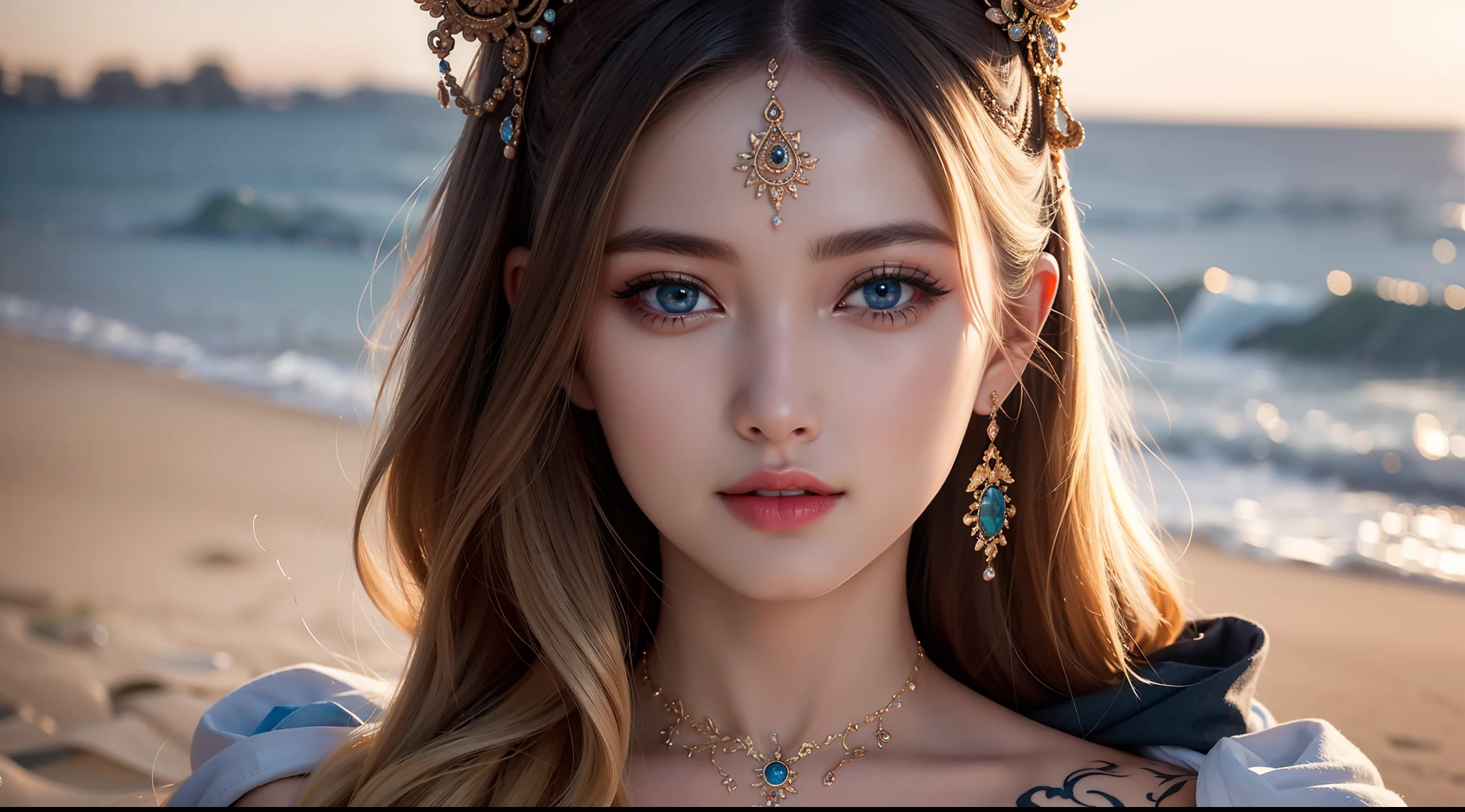 Witness the ultimate masterpiece of art with our AI platform – stunning 8k ultra HD renderings of a beautiful Pakistani woman adorned with intricate tattoos, Play on the beach with blonde hair and piercing blue eyes.