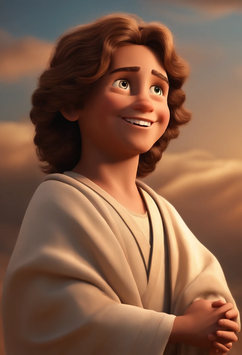 A happy boy of Jesus Christ with hair standing on end complied, fundo branco, barnet, Tom, Estilo Pixar, ....3d, desenhos animados, rosto detalhado, asymmetrical 16k