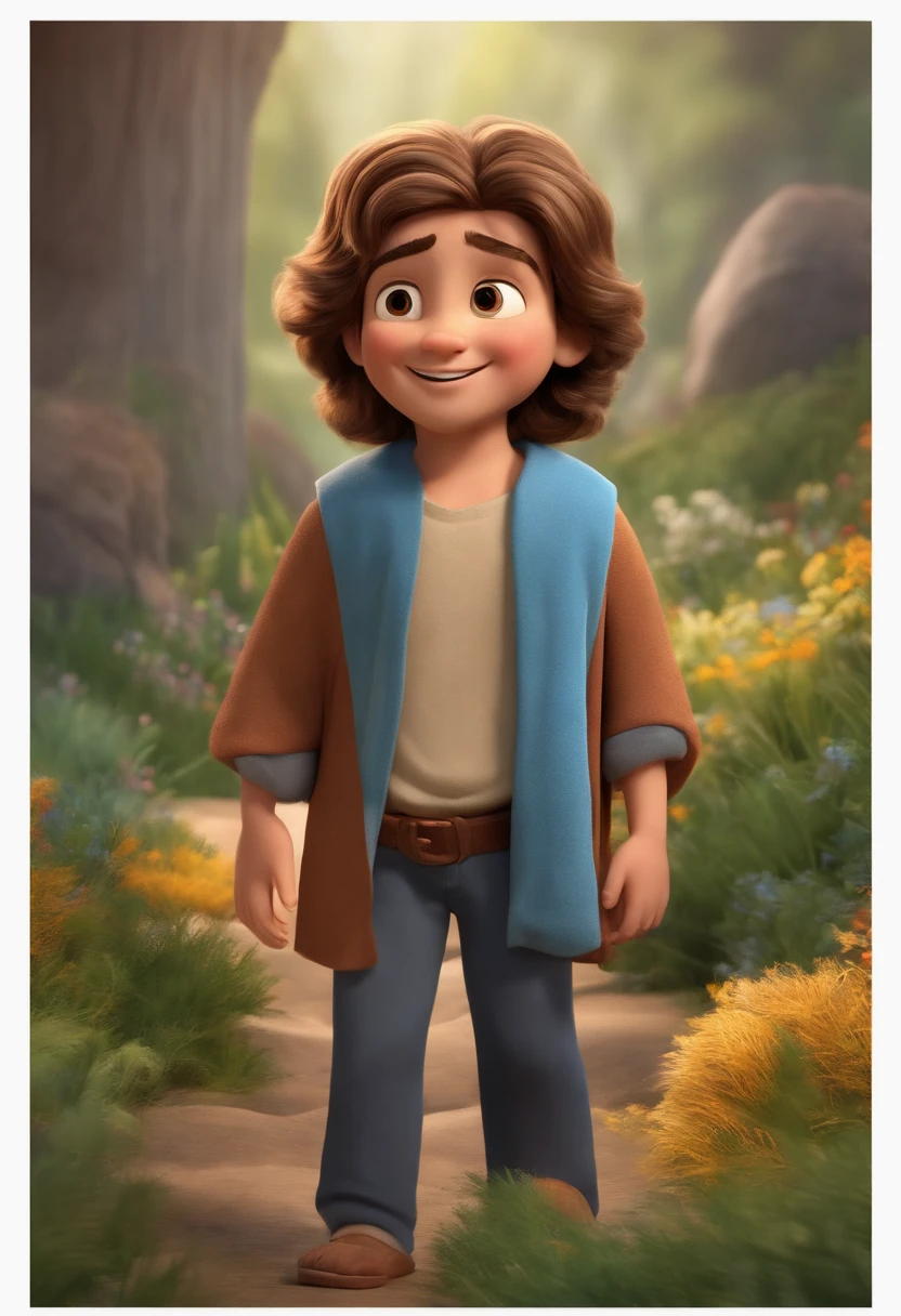 A happy boy of Jesus Christ with hair standing on end complied, fundo branco, barnet, Tom, Estilo Pixar, ....3d, desenhos animados, rosto detalhado, asymmetrical 16k