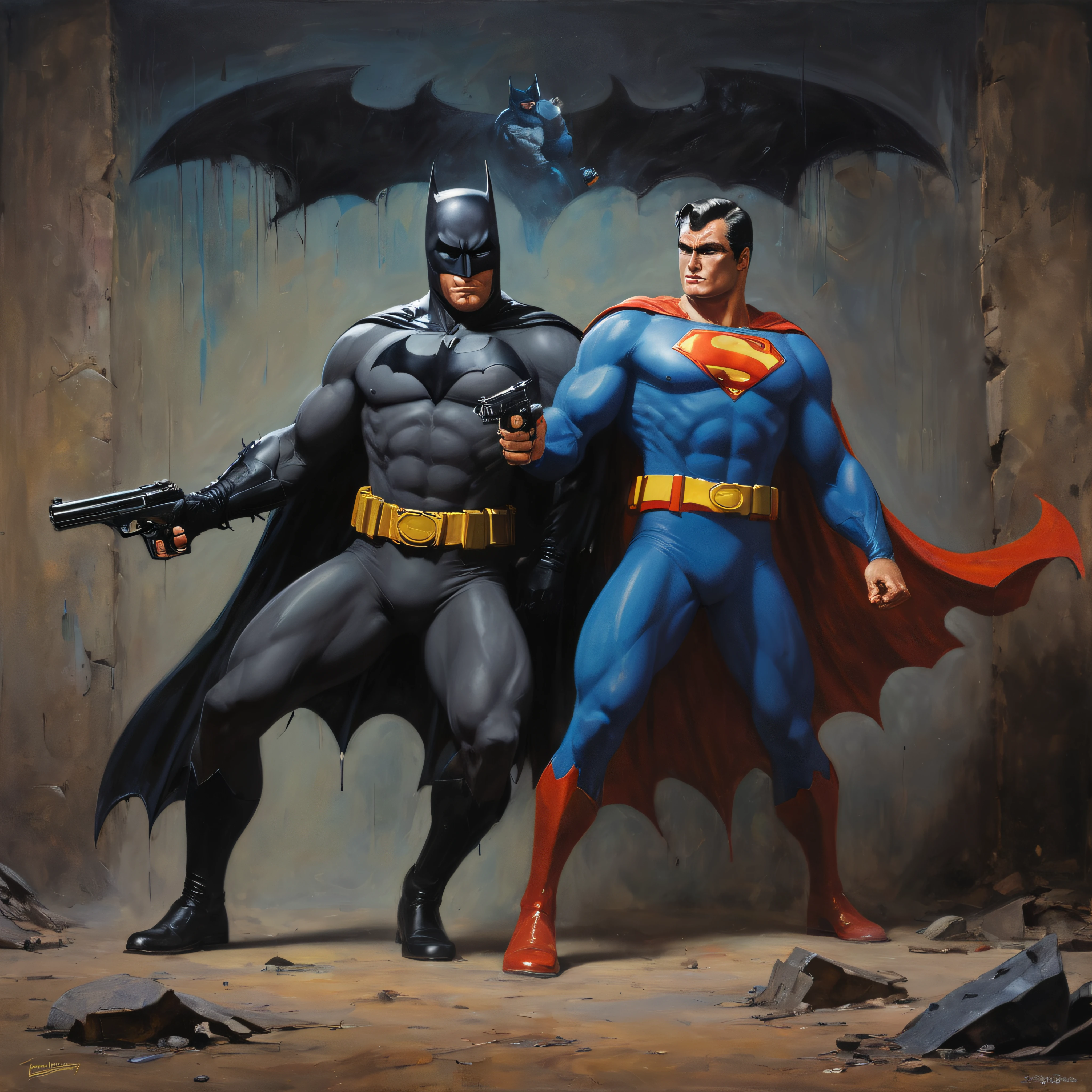 24 x 36 inch Movie Poster, Full body portrait, head to toe, Batman and Superman brandishing a pistol, back to back, a dark, stained wall in the background, oil painting on canvas, in the style of Frank Frazetta, 32k UHD, Vibrant, extremely colorful, sharp, detailed,